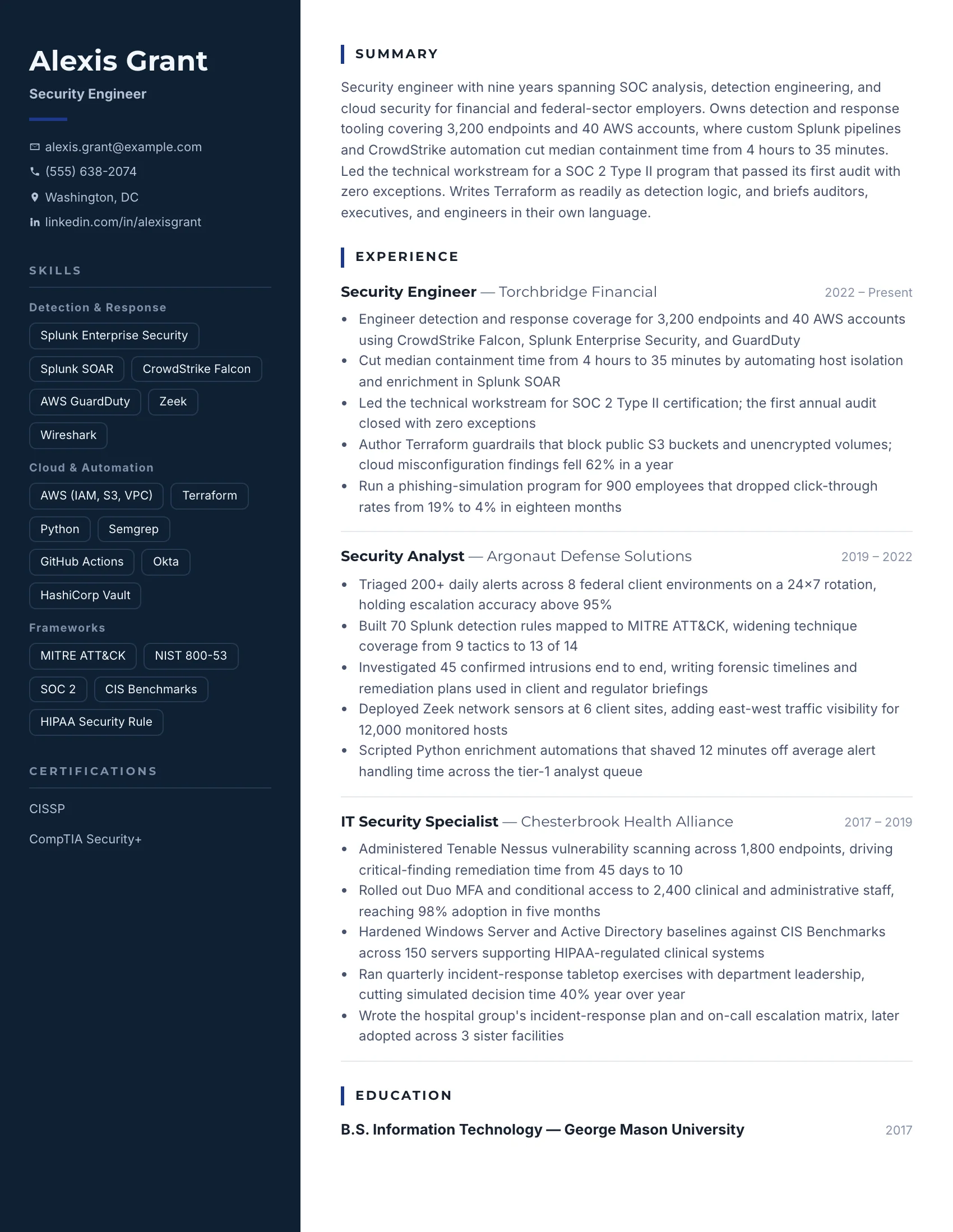 Security Engineer · Bandwidth resume template preview