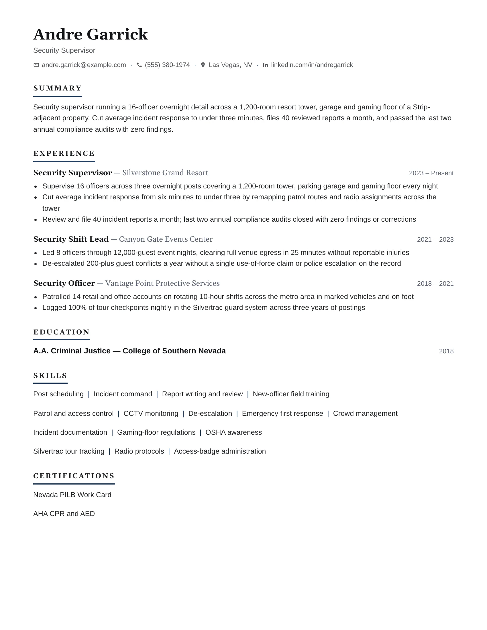 Security Supervisor · True resume template preview