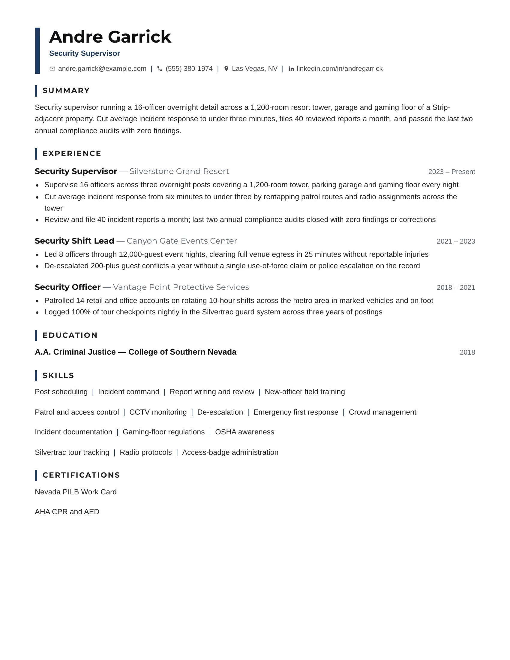 Security Supervisor · Compact resume template preview