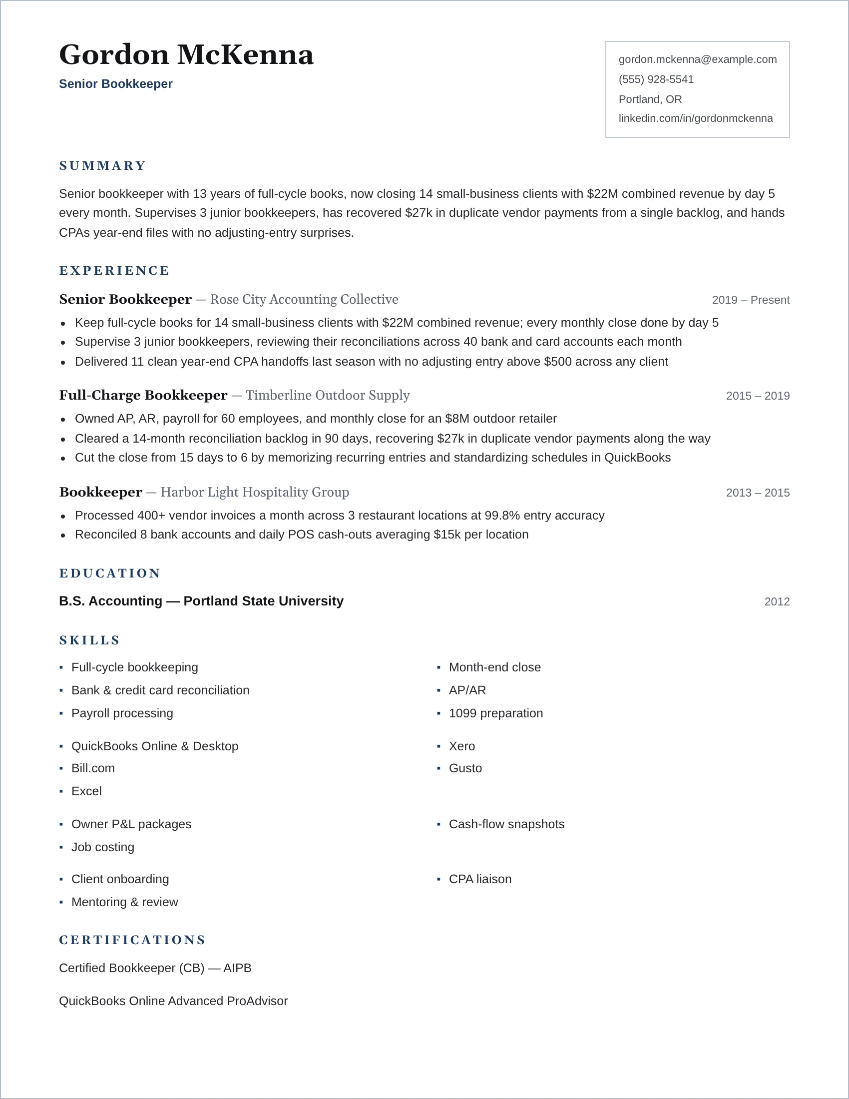 Senior Bookkeeper · Frame resume template preview