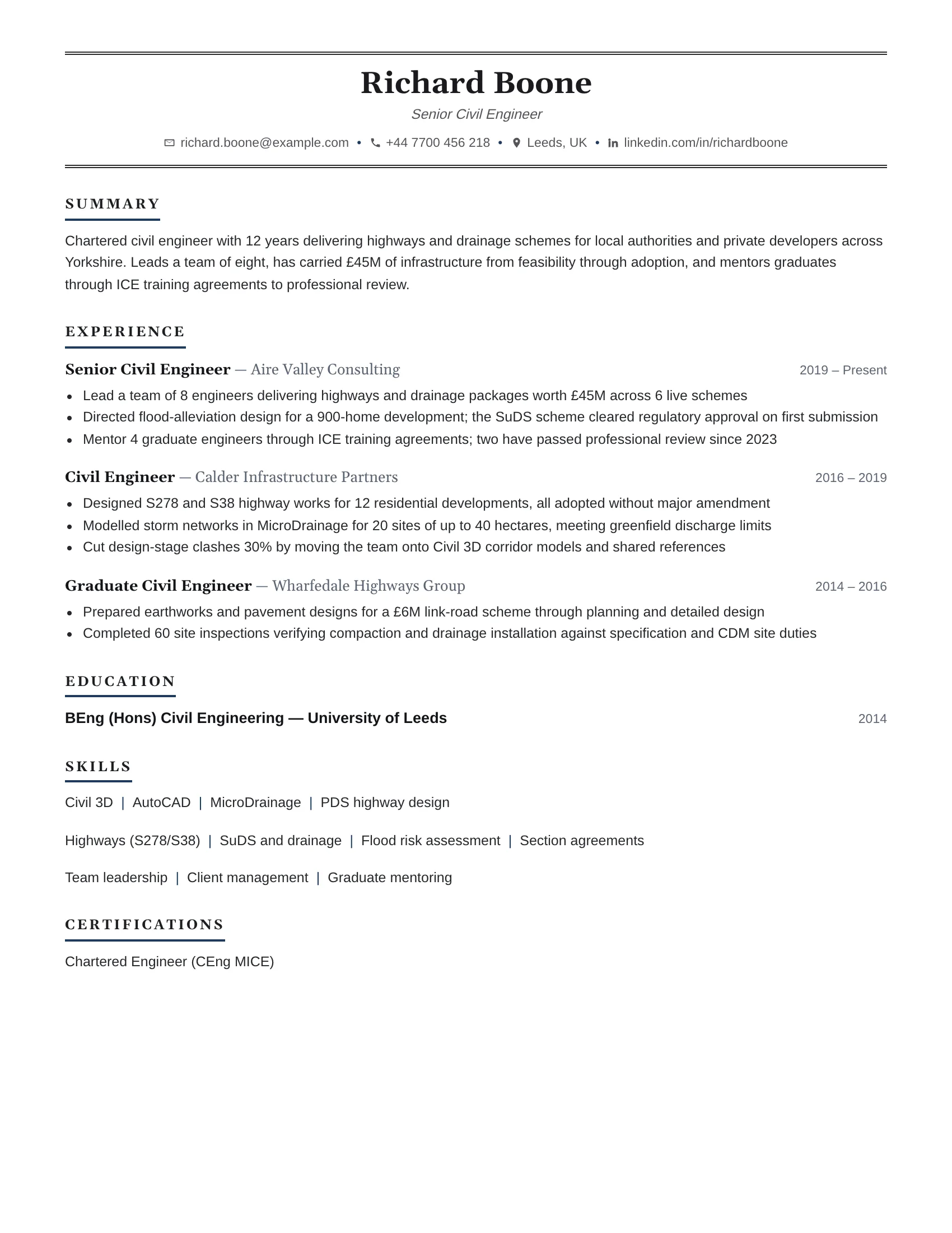 Senior Civil Engineer · Double Deck resume template preview