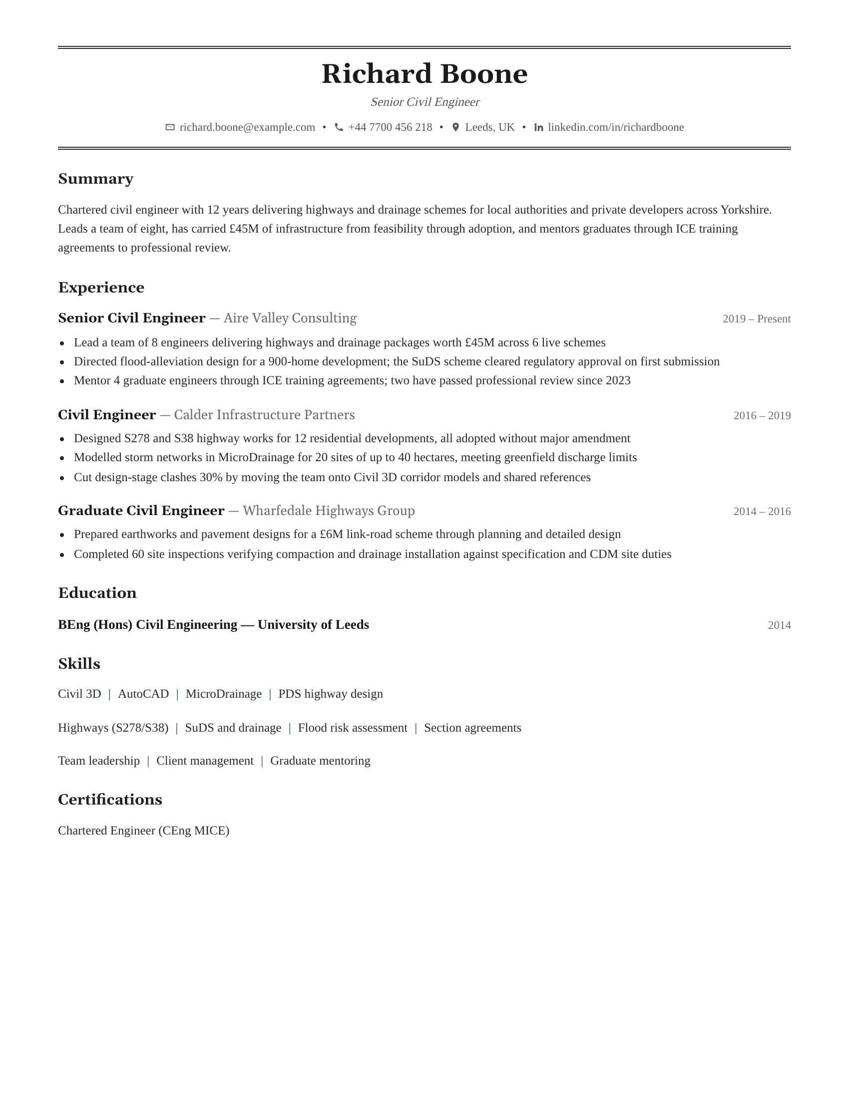 Senior Civil Engineer · English resume template preview