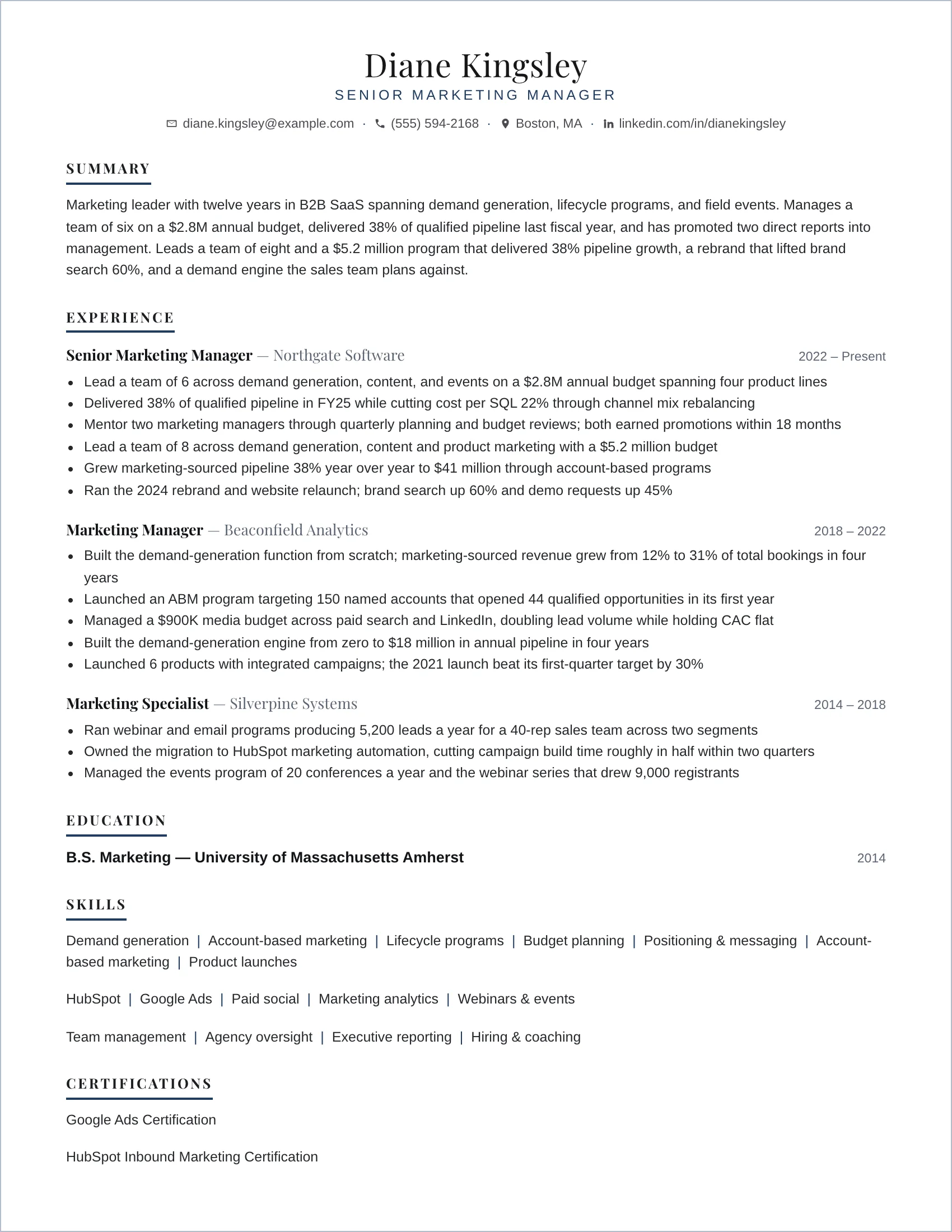 Marketing manager resume example — sample document