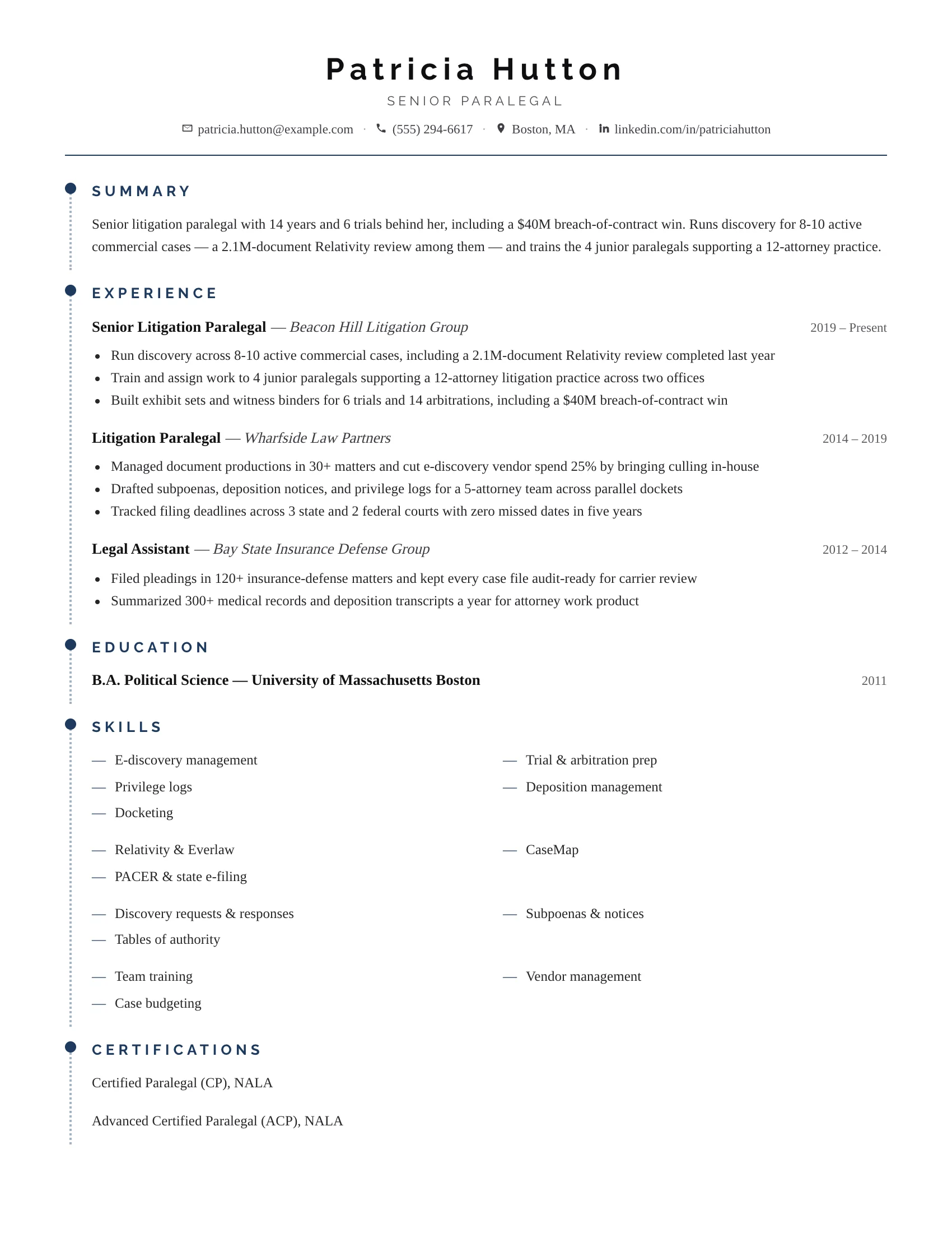 Senior Paralegal · Rail resume template preview