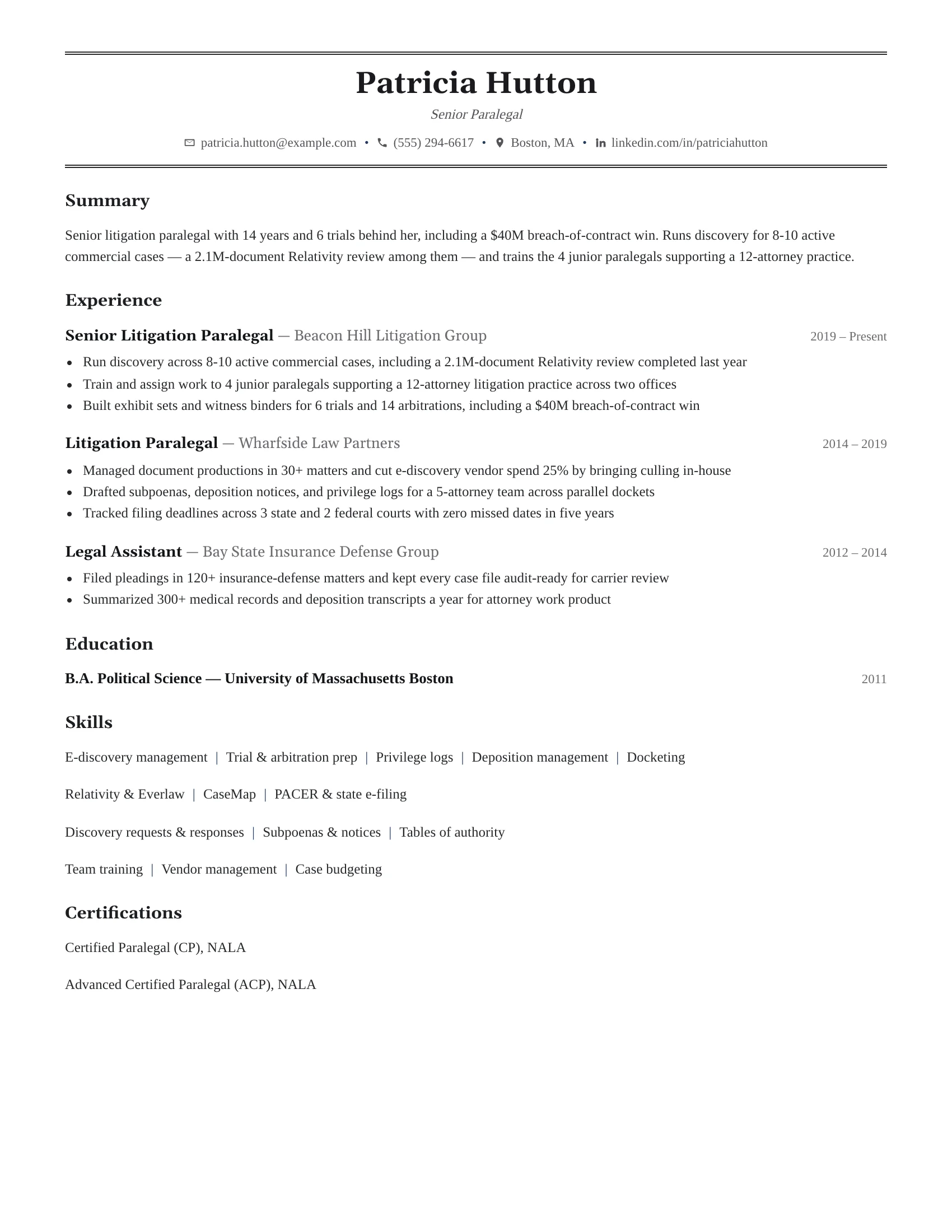 Senior Paralegal · English resume template preview