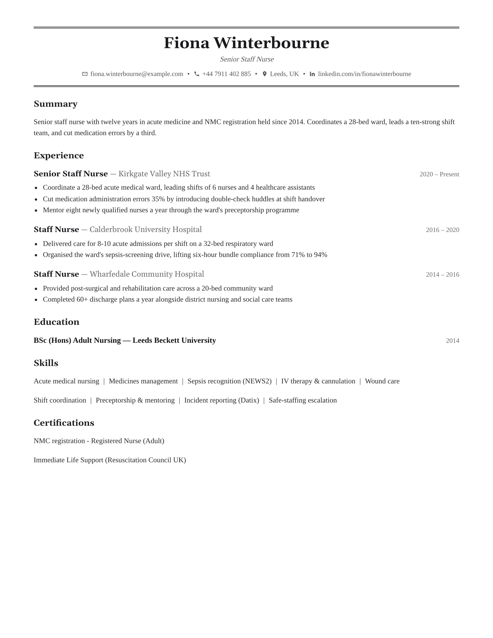 Senior Staff Nurse · English resume template preview