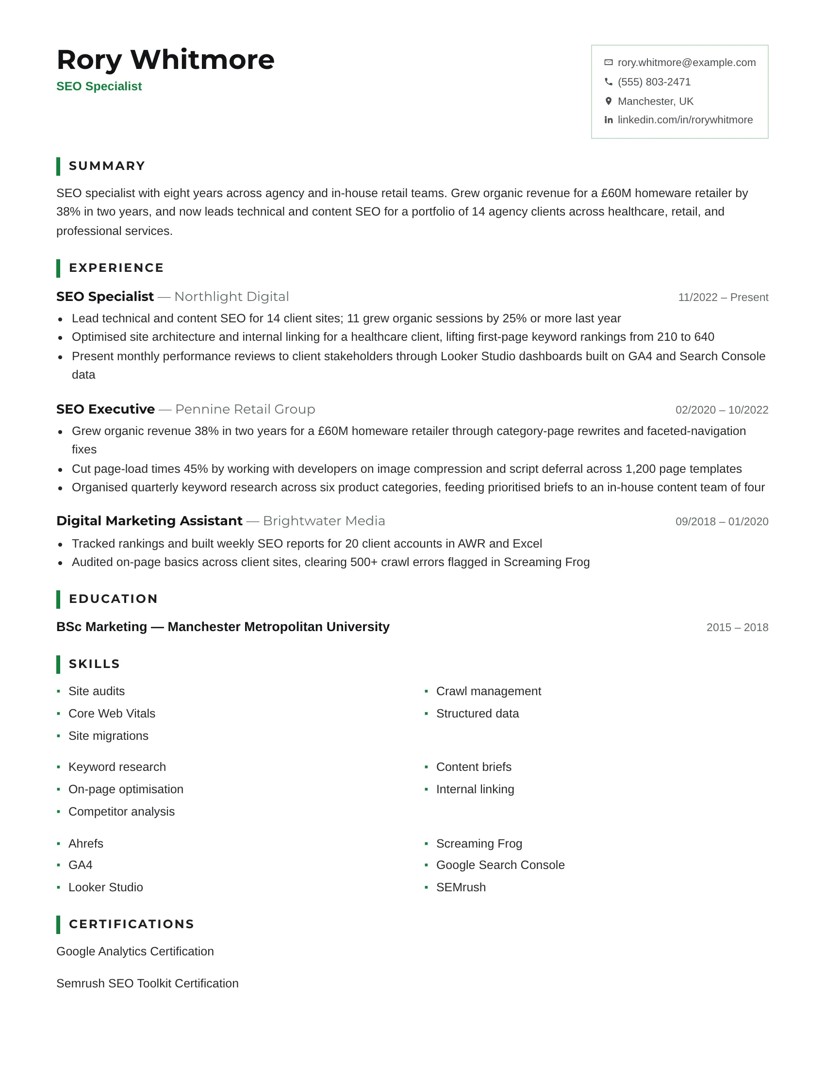SEO Specialist · Serp resume template preview