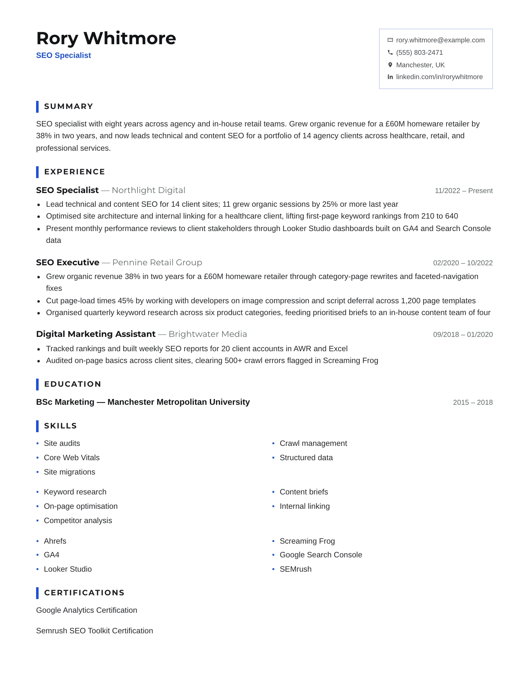 SEO Specialist · Serp (Blue) resume template preview