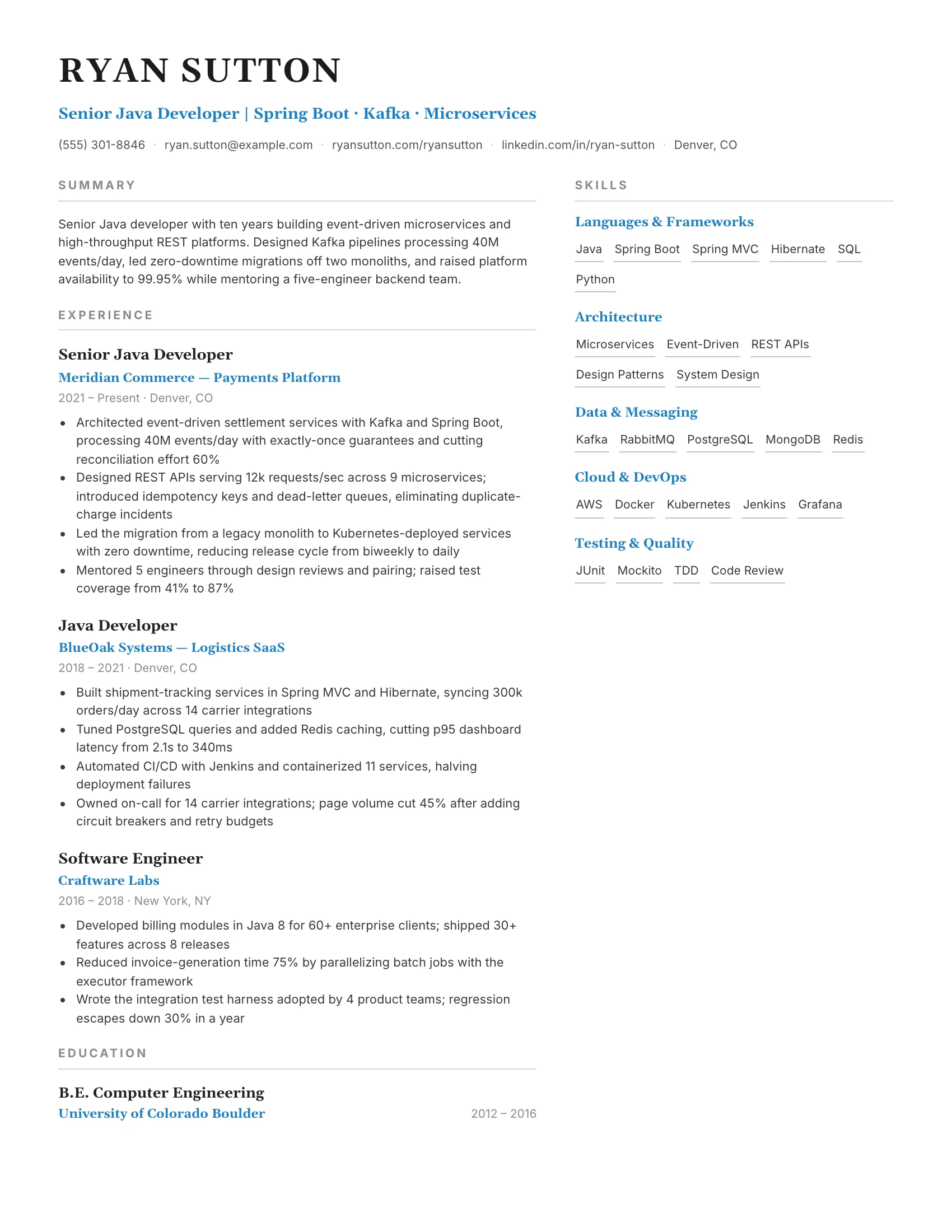 Java · Backend resume template preview