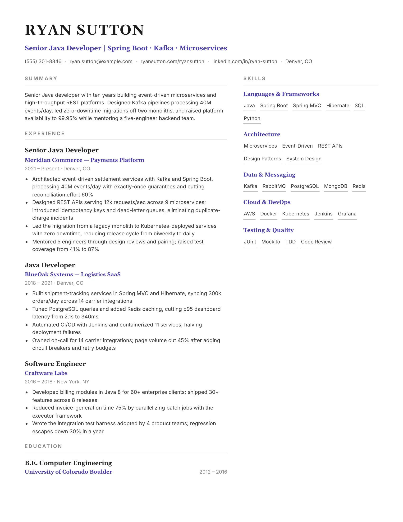 Java · Backend (Indigo) resume template preview
