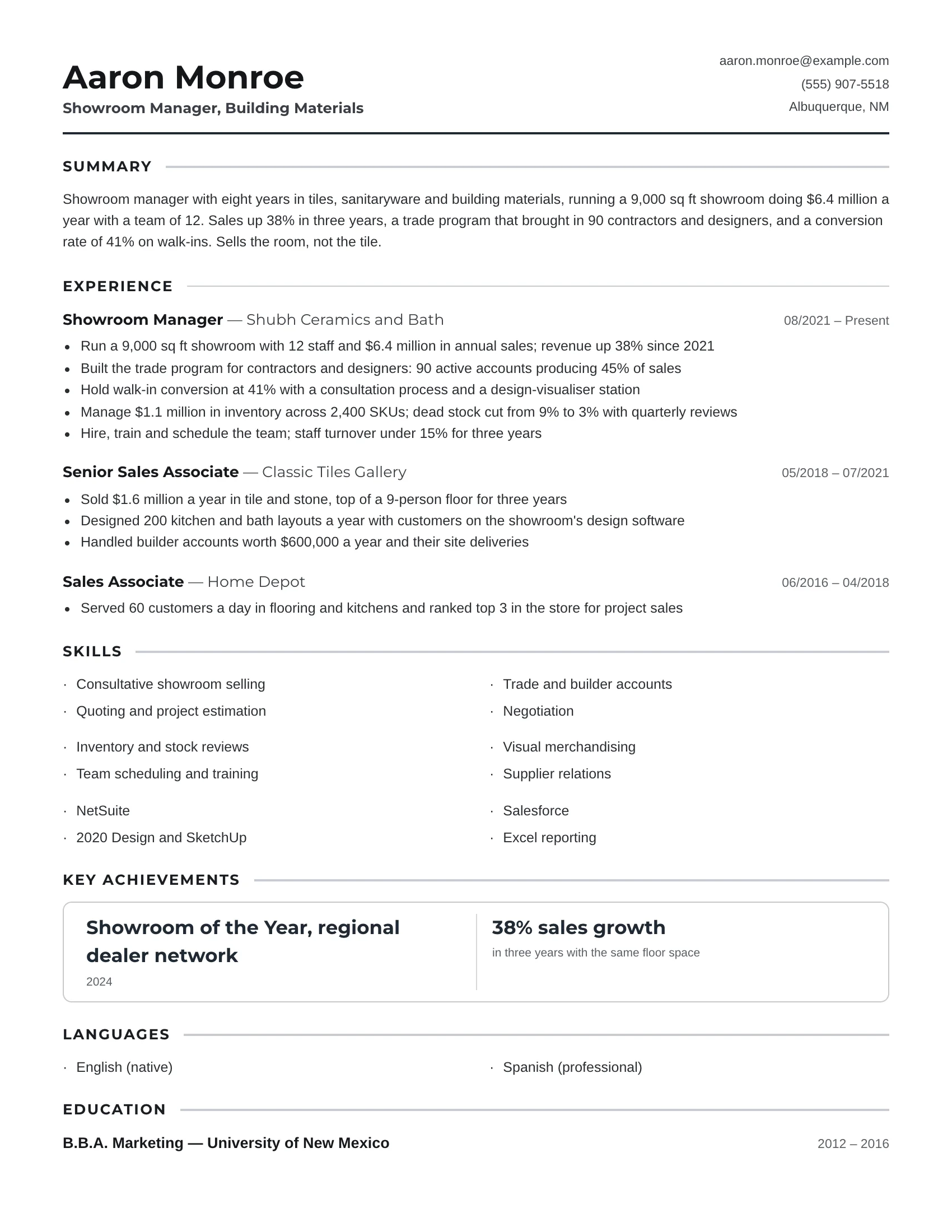 Store Manager · Counter resume template preview