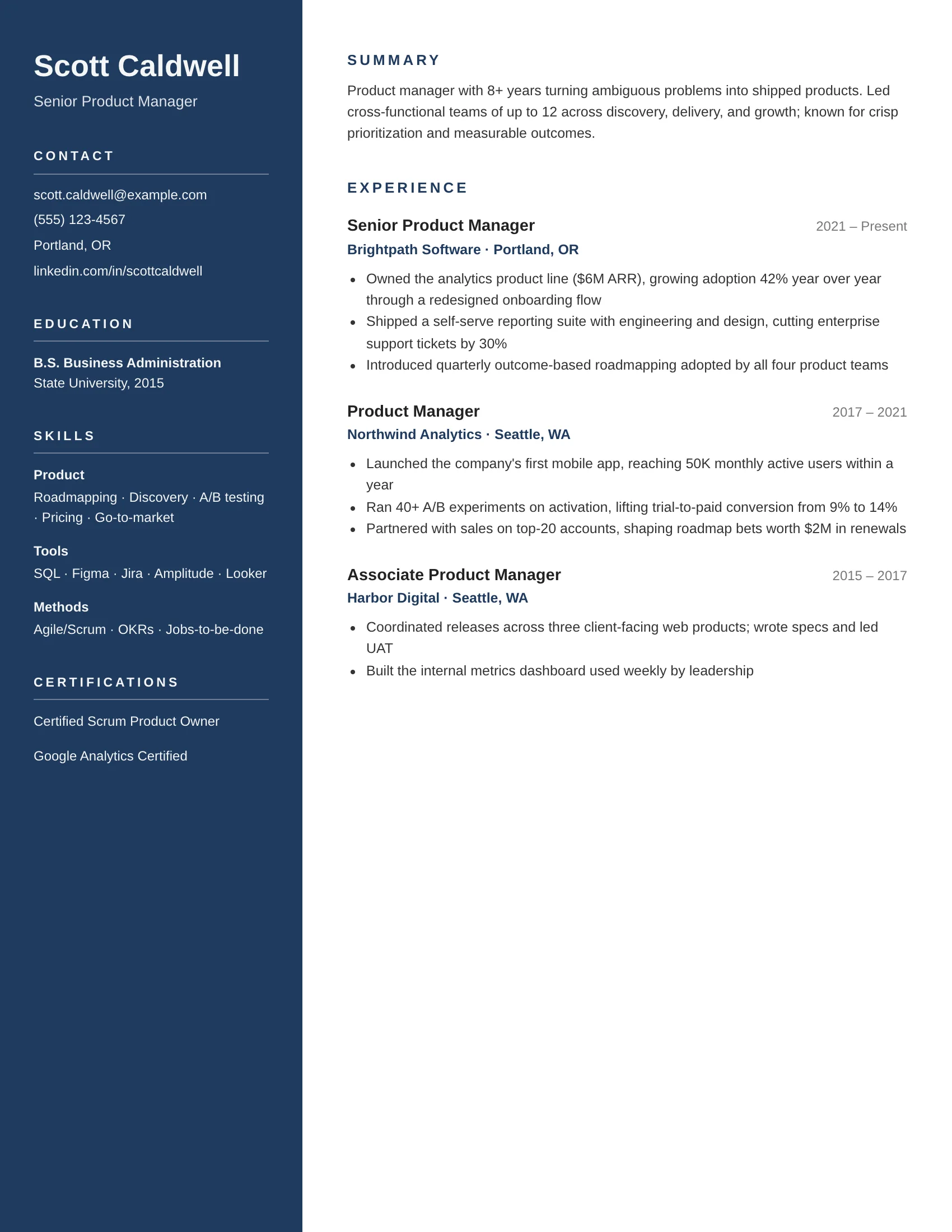 Project Manager · Sidebar (Navy) resume template preview