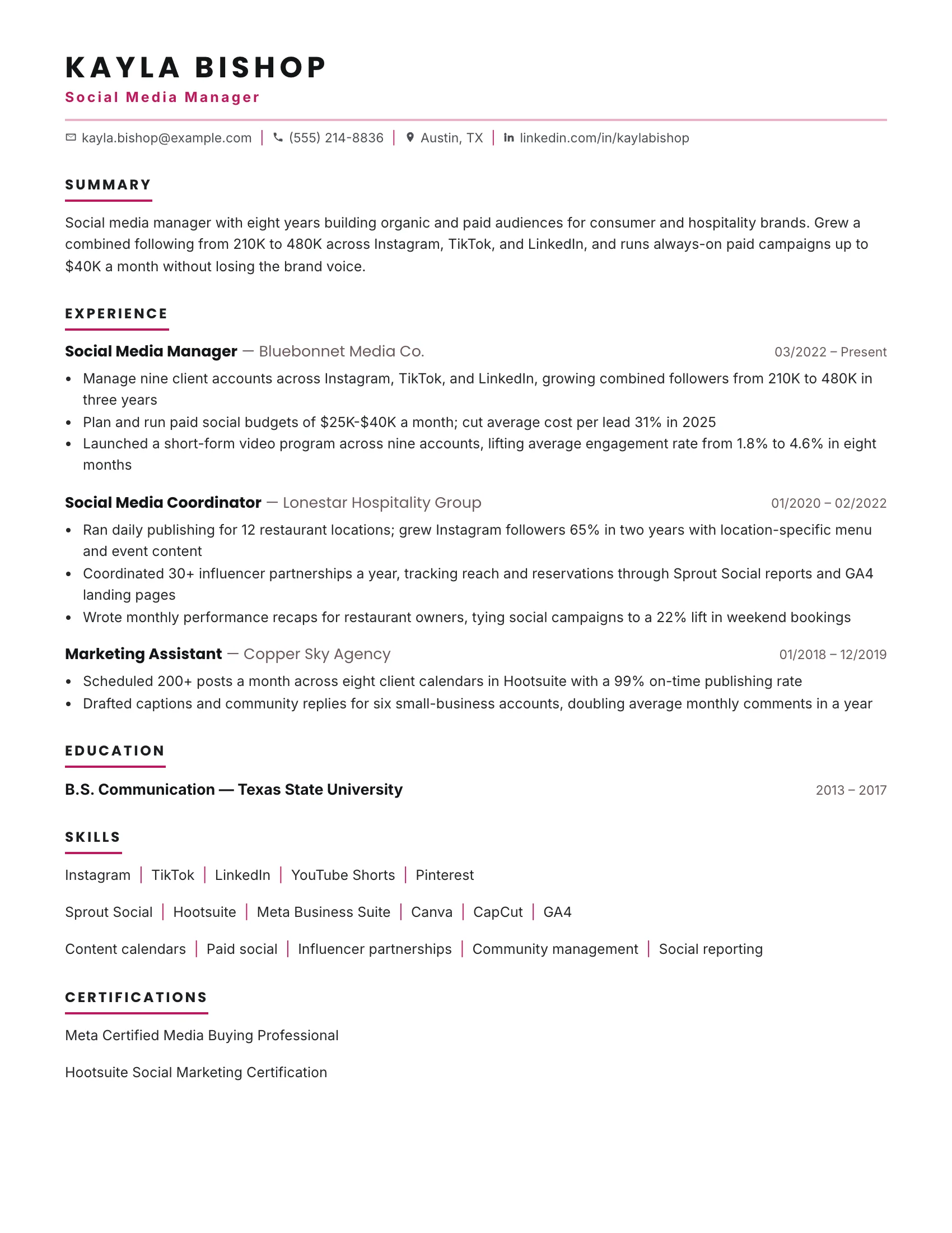 Social Media Manager · Reach resume template preview