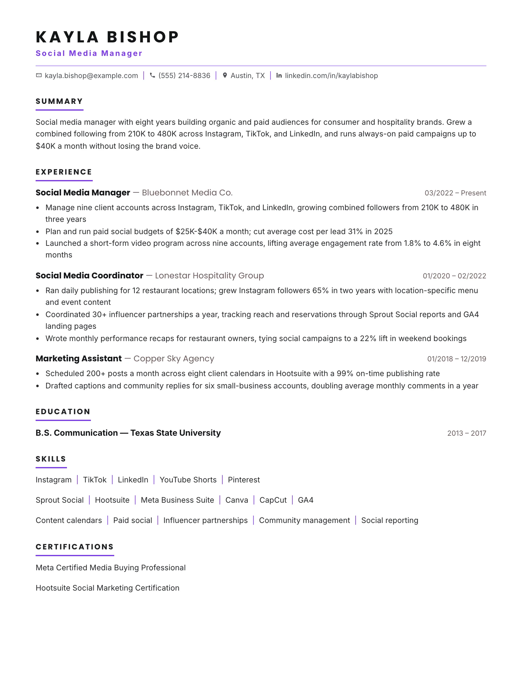 Social Media Manager · Reach (Violet) resume template preview