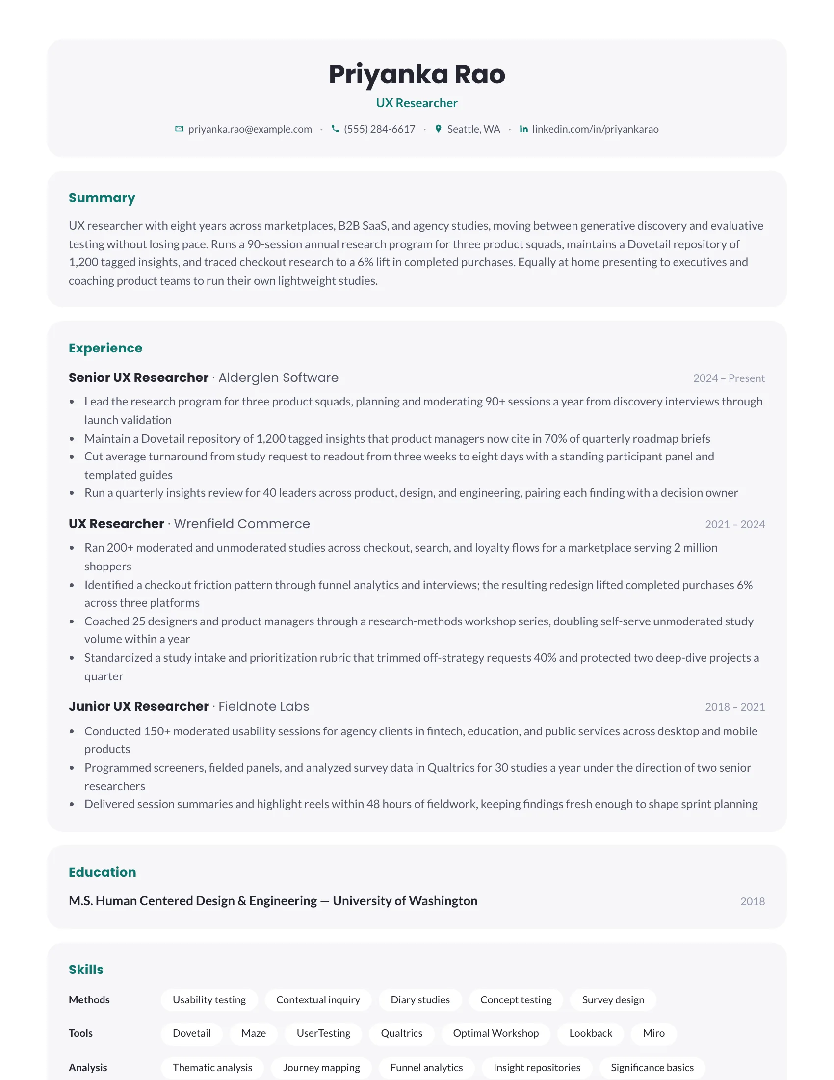 UX Researcher · Softdeck resume template preview
