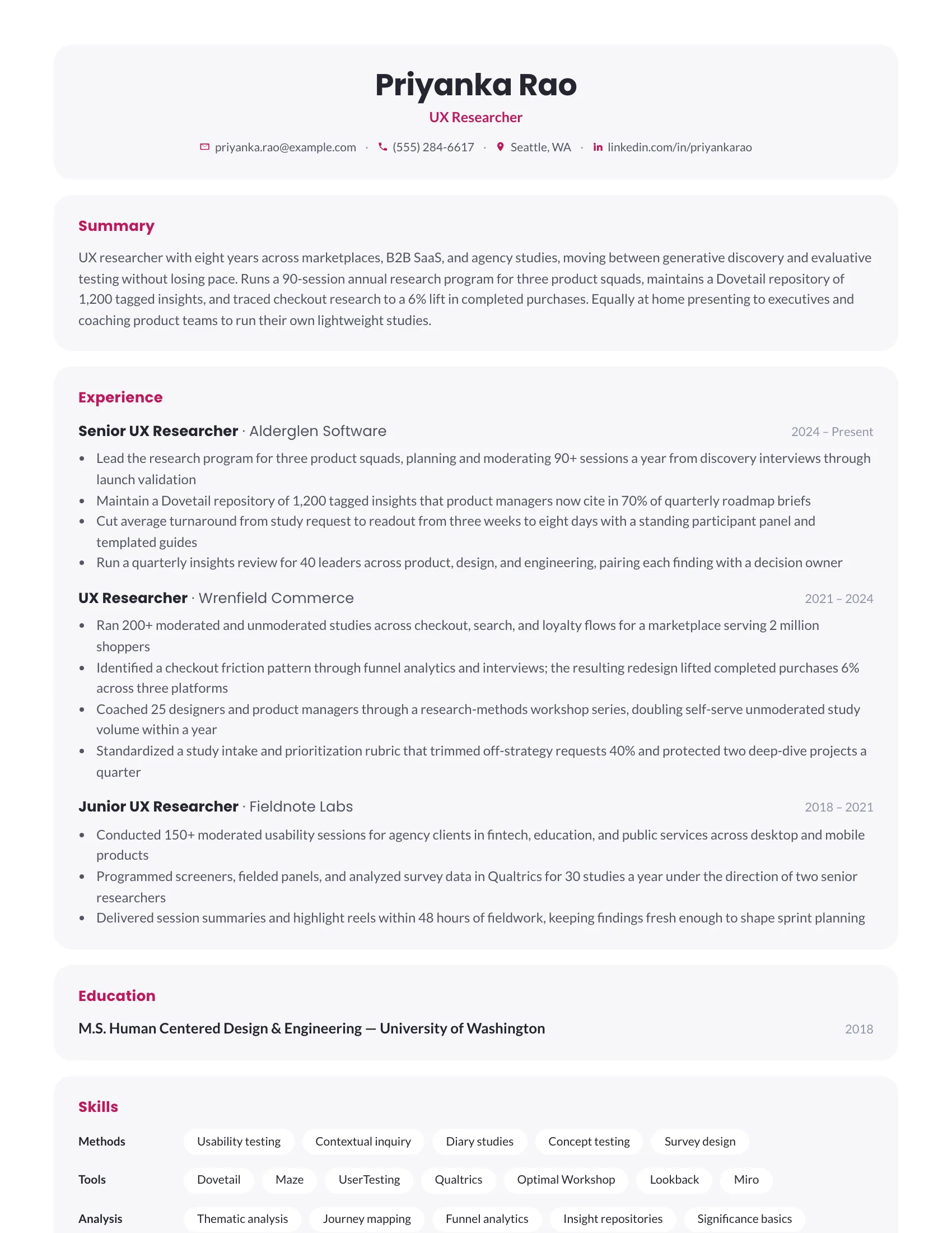UX Researcher · Softdeck (Rose) resume template preview