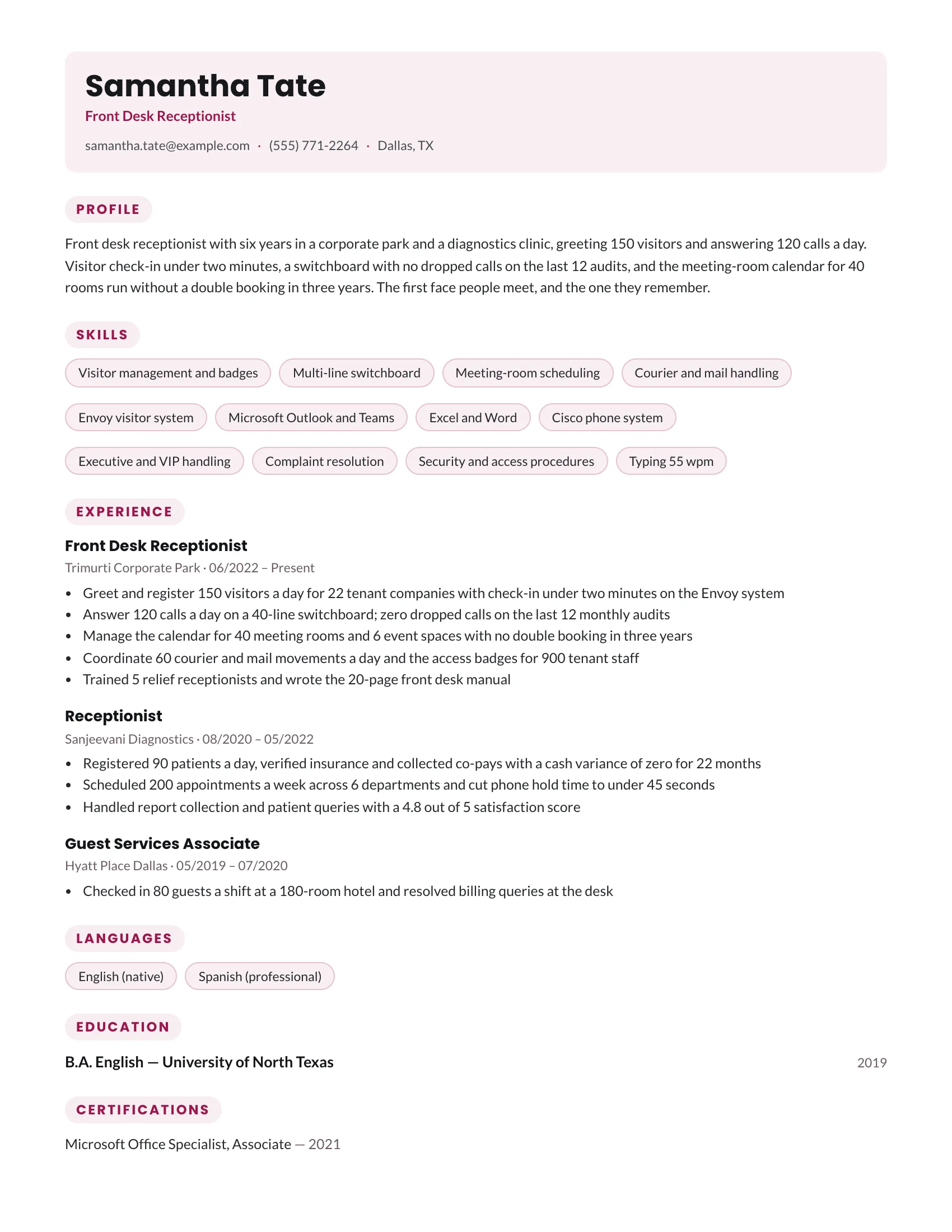 Front Office · Soft resume template preview