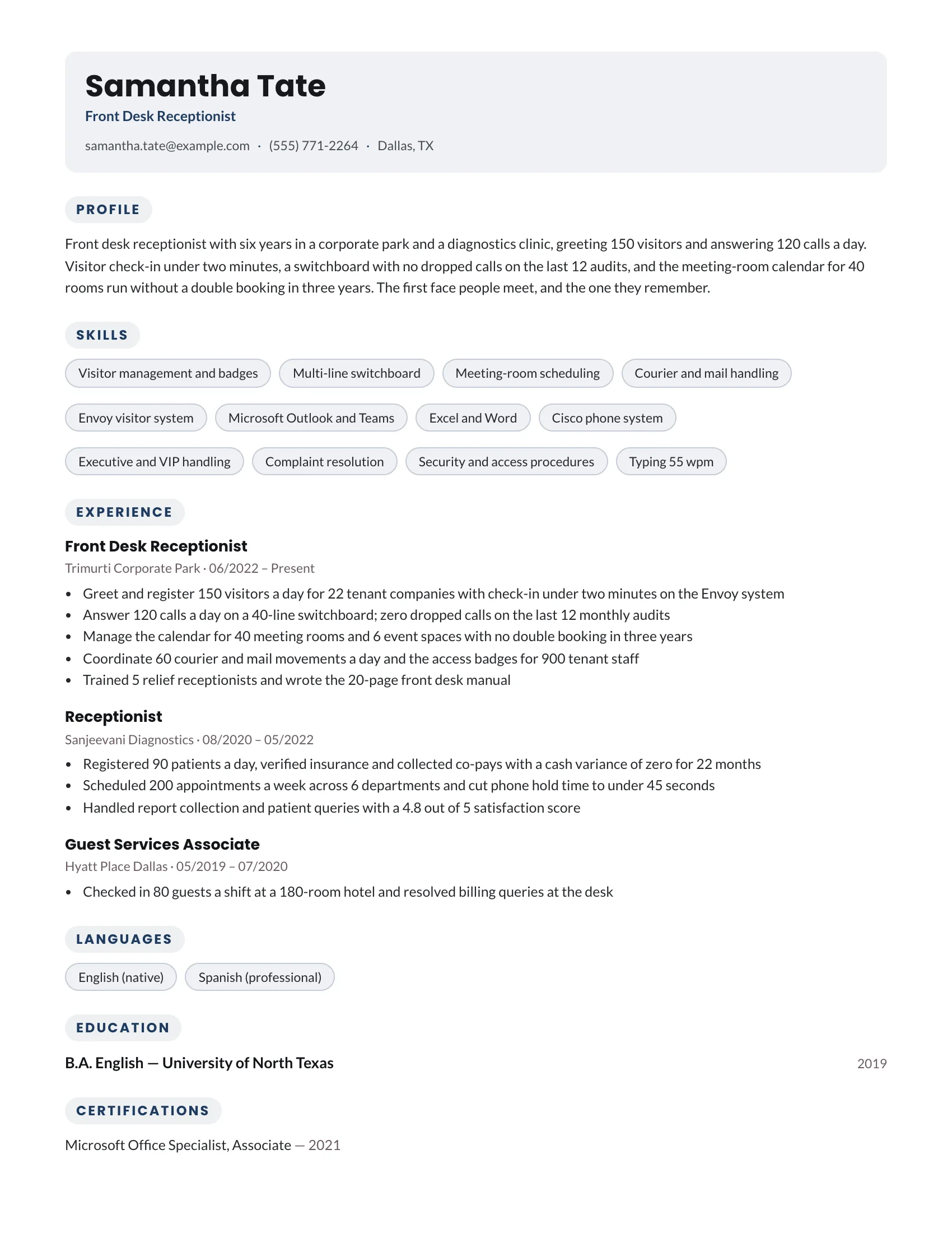 Front Office · Soft (Navy) resume template preview