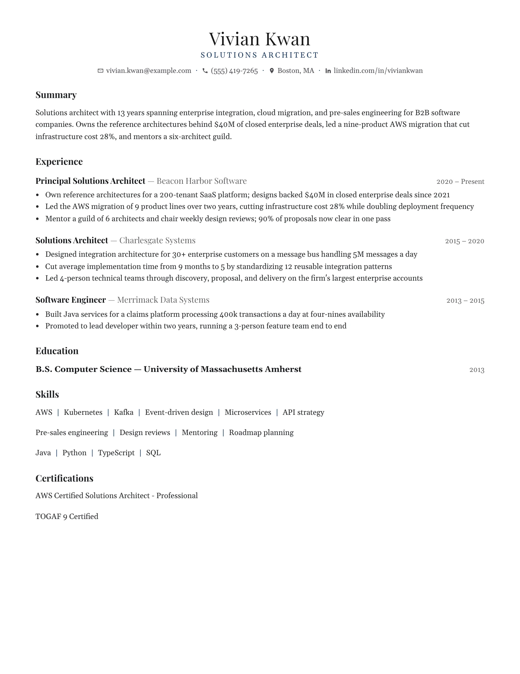 Solutions Architect · Reed resume template preview