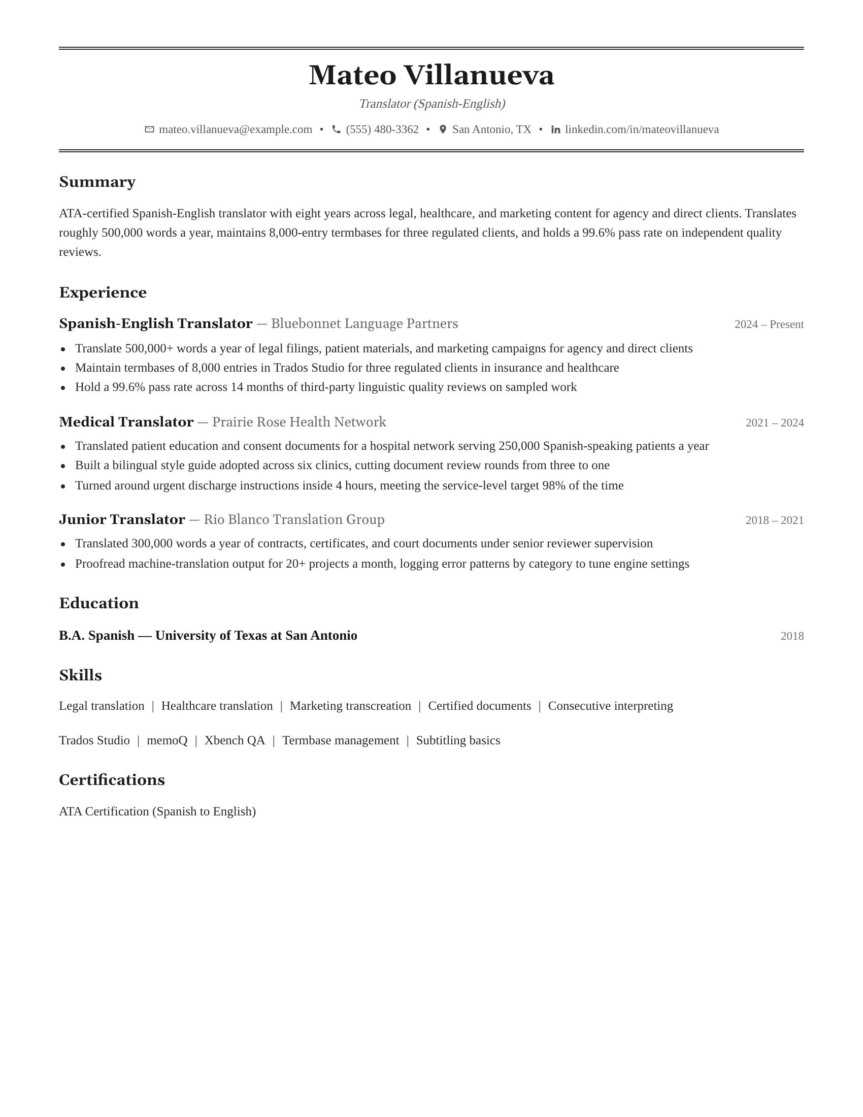 Translator (Spanish-English) · English resume template preview