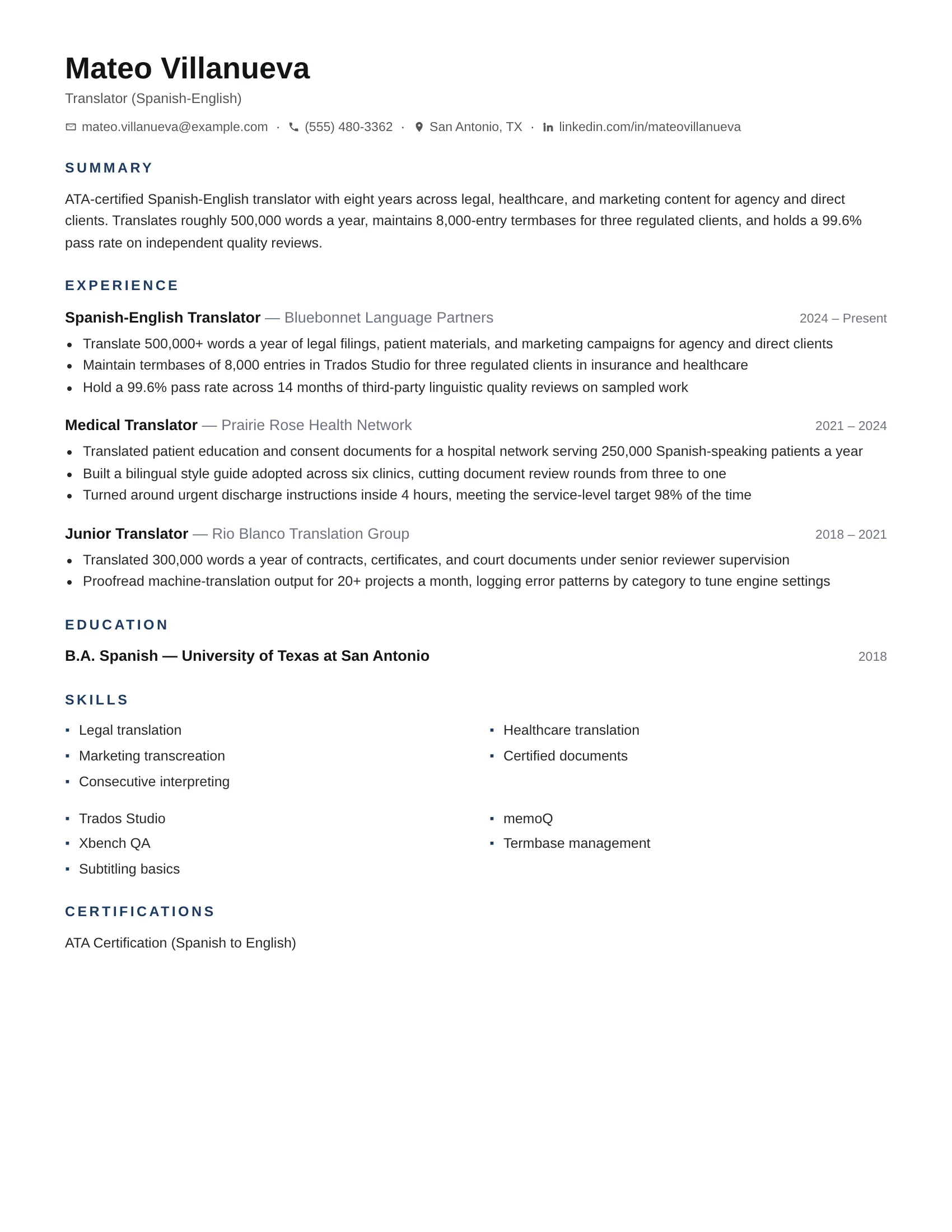 Translator (Spanish-English) · Martinus resume template preview