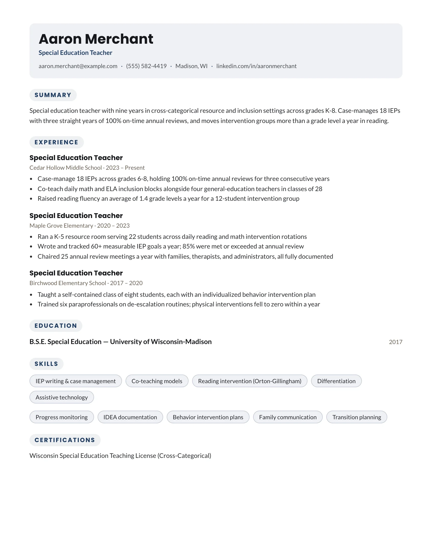 Special Education Teacher · Sunny resume template preview