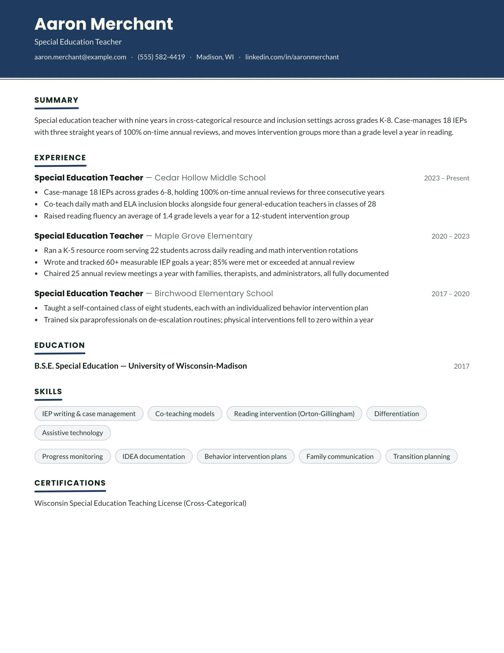 Special Education Teacher · Chalkline resume template preview