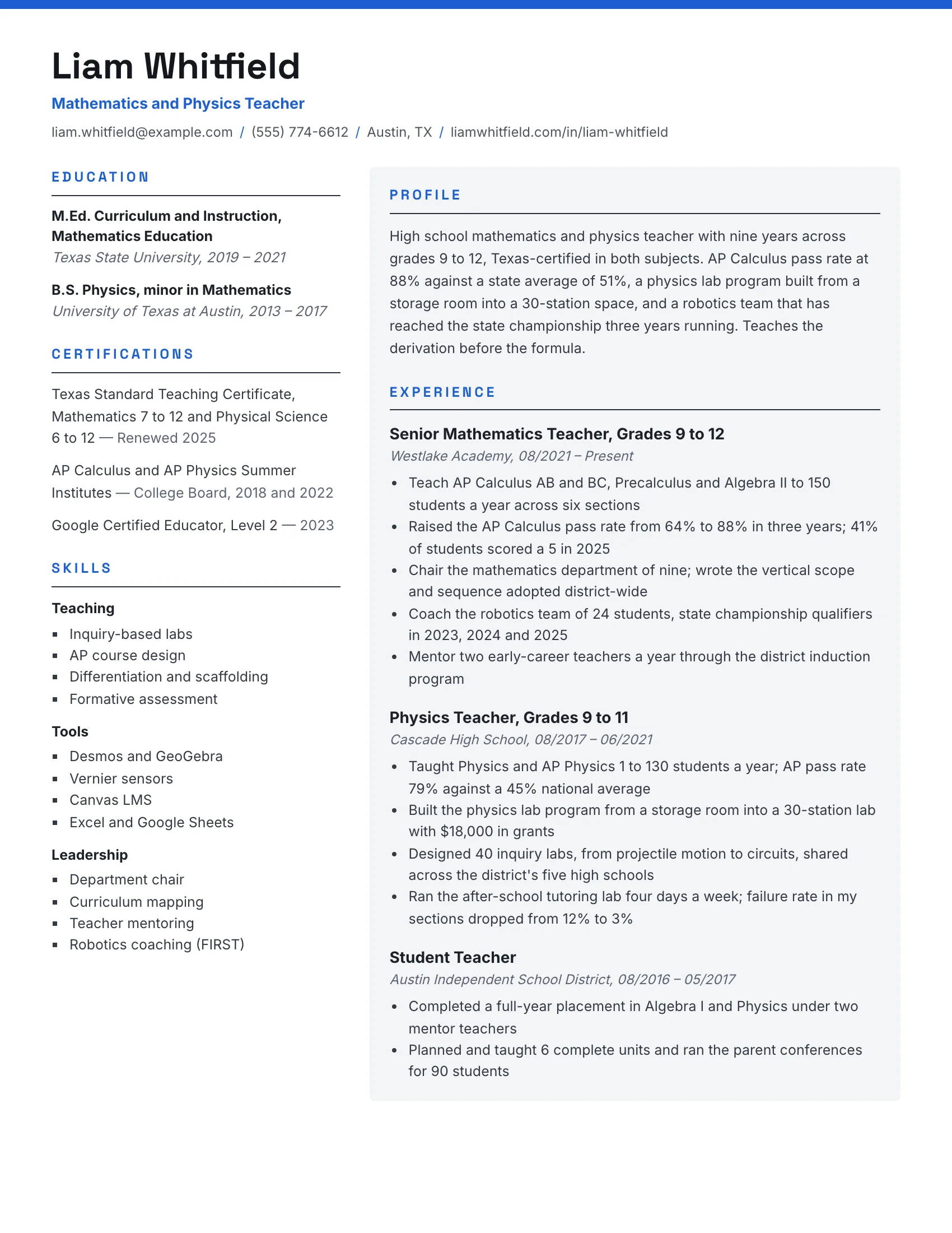 Math & science teacher resume example — sample document