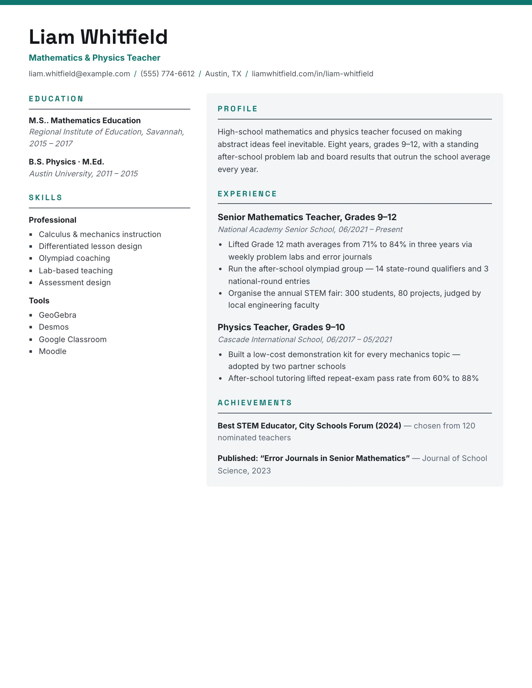 Math & Science Teacher · Blue (Teal) resume template preview
