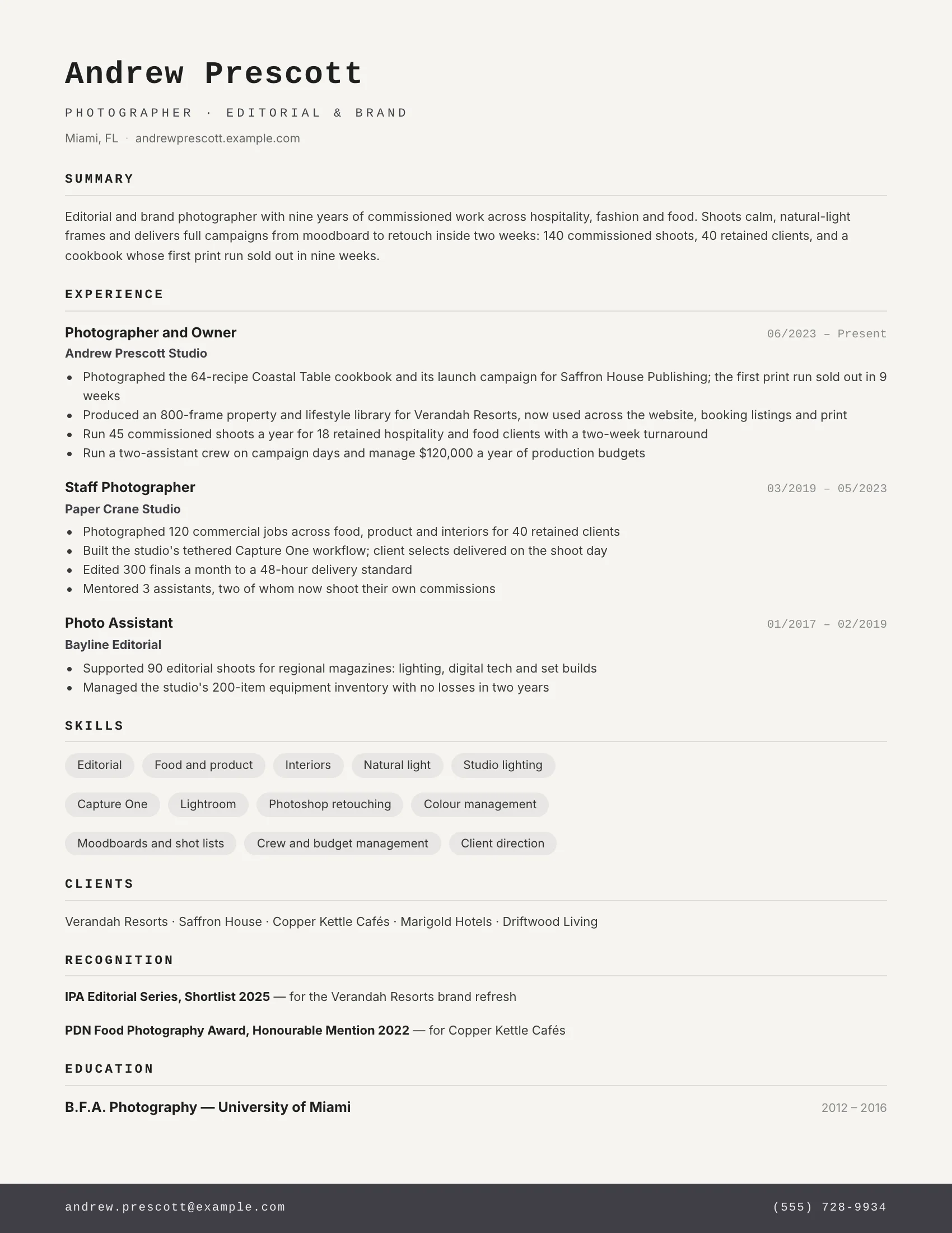 Photography · Studio resume template preview