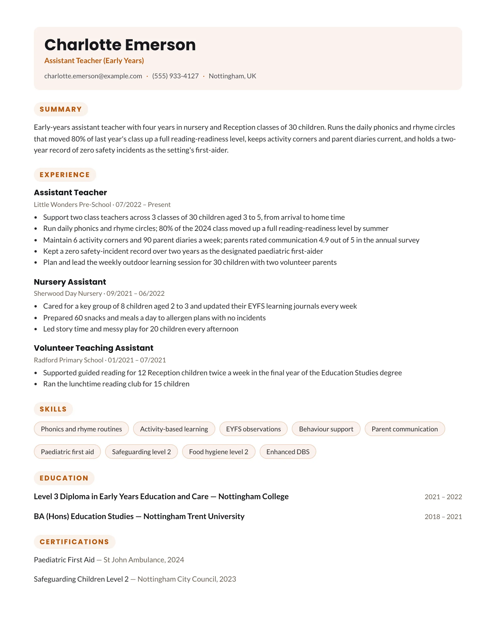 Assistant Teacher · Sunny resume template preview