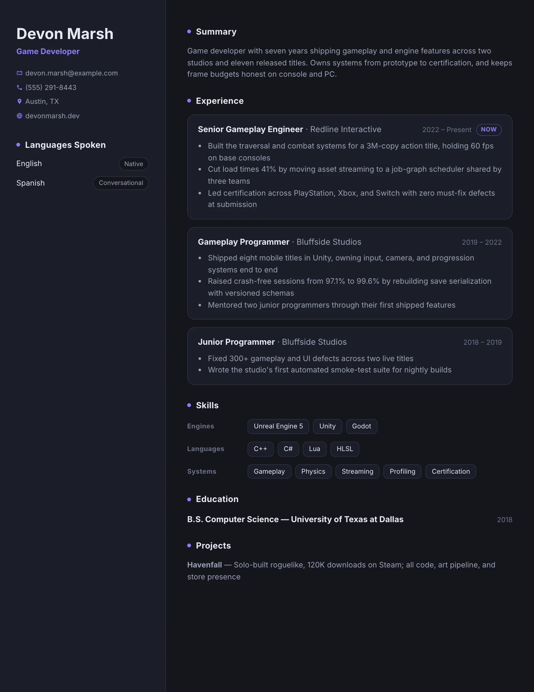 Game Developer · Midnight resume template preview