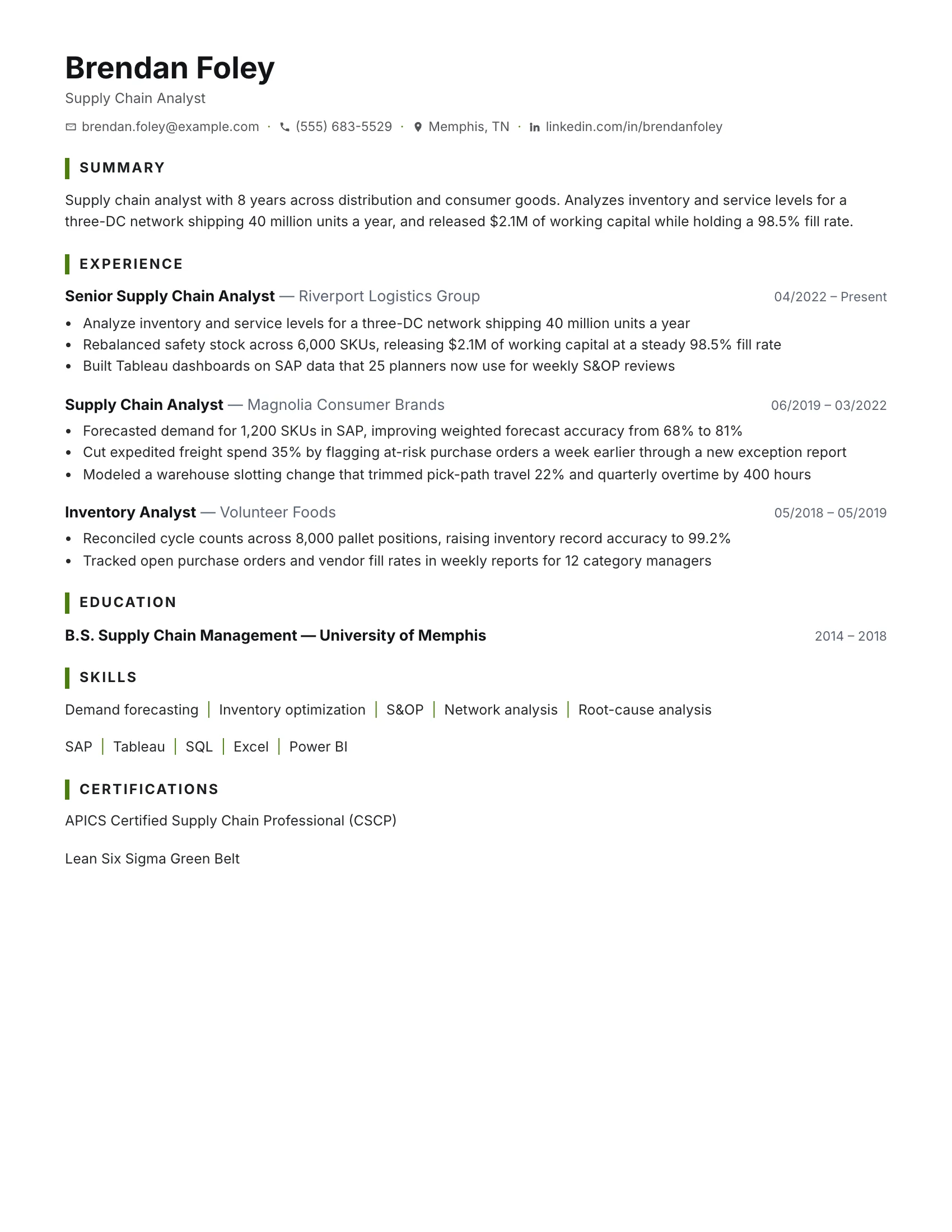 Supply Chain Analyst · Flow (Forest) resume template preview