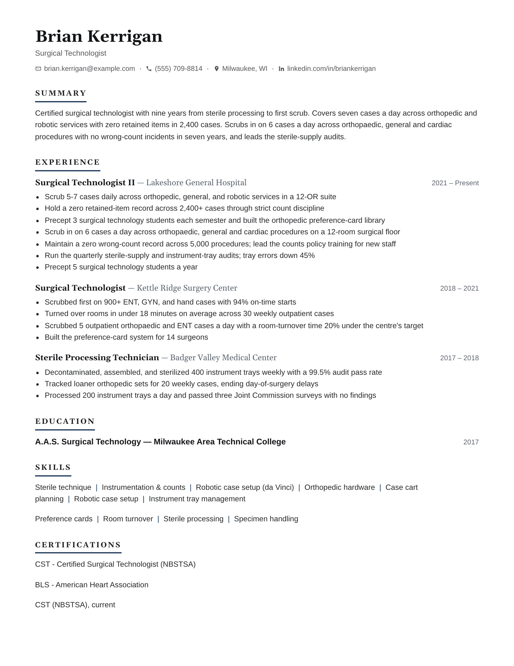 Surgical Technologist · True resume template preview