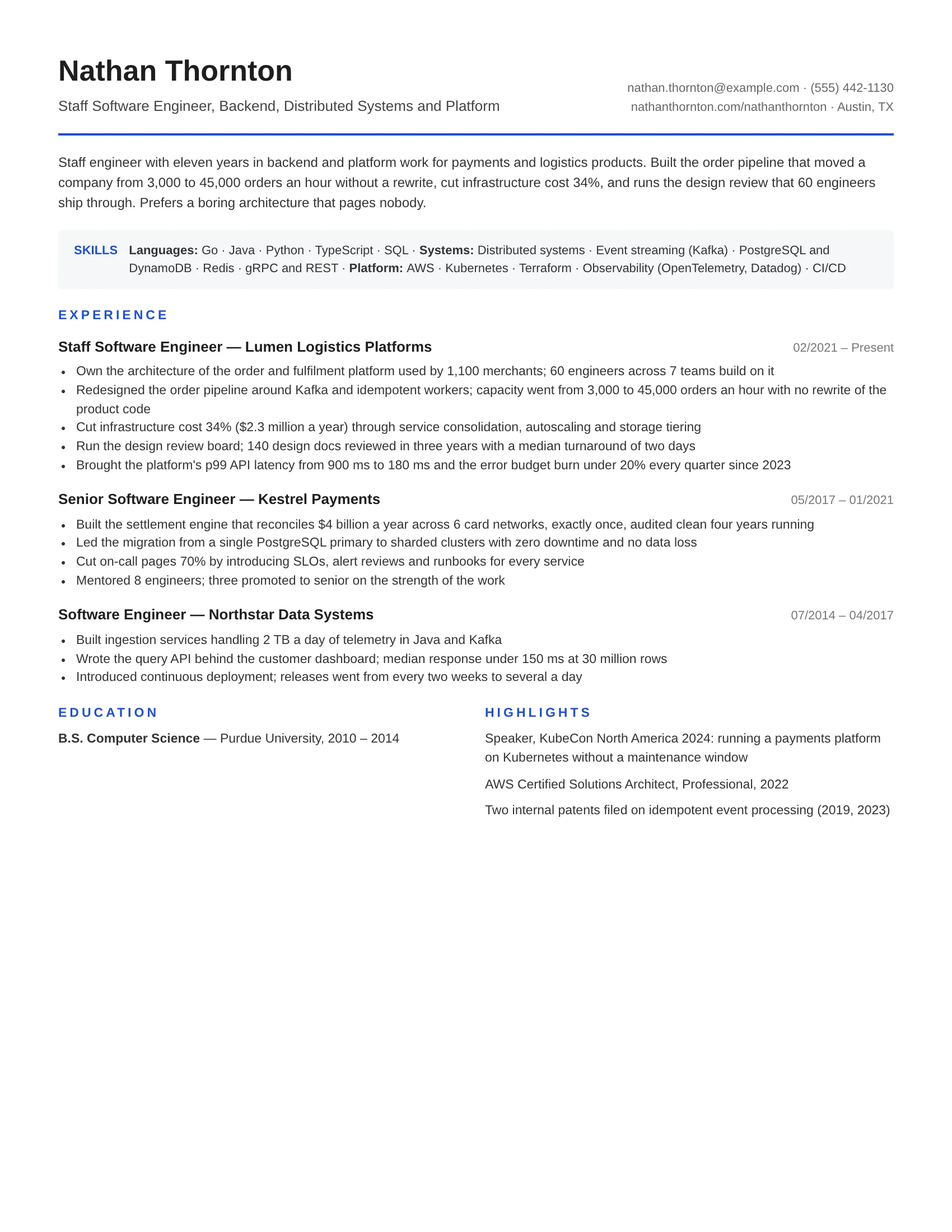 Software engineer resume example — sample document