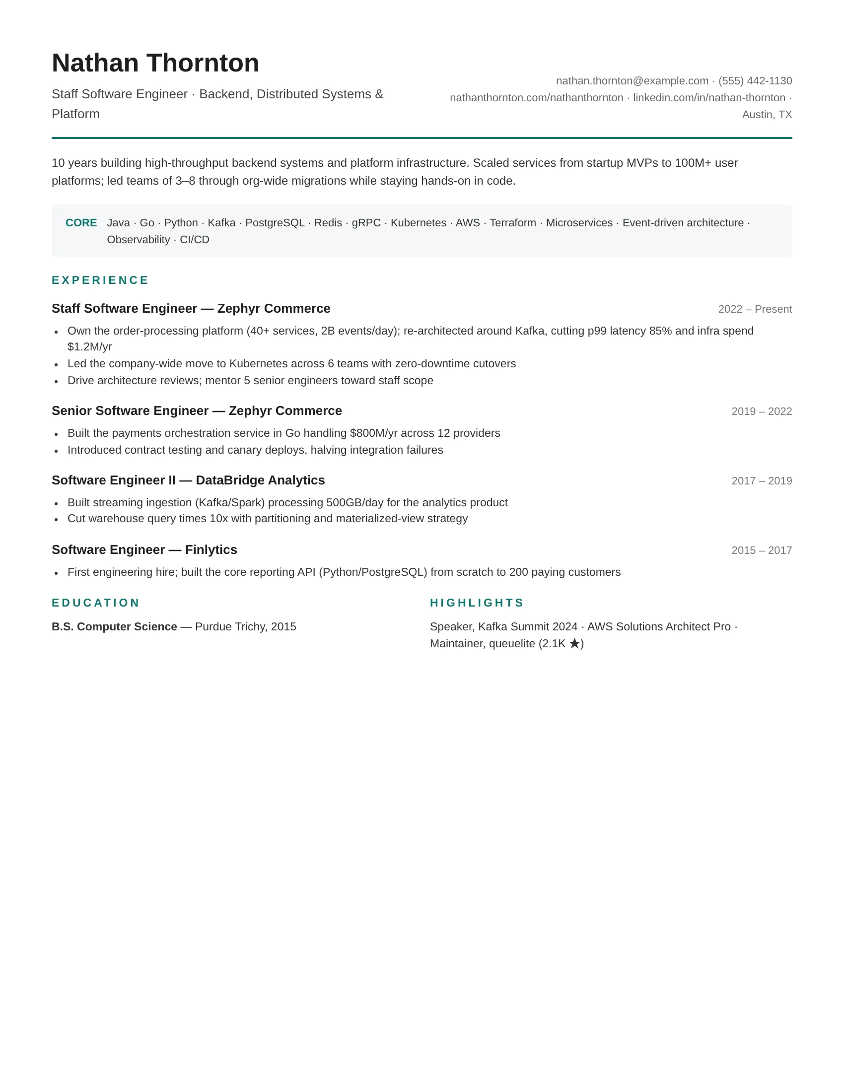 Senior Software Engineer (Teal) resume template preview
