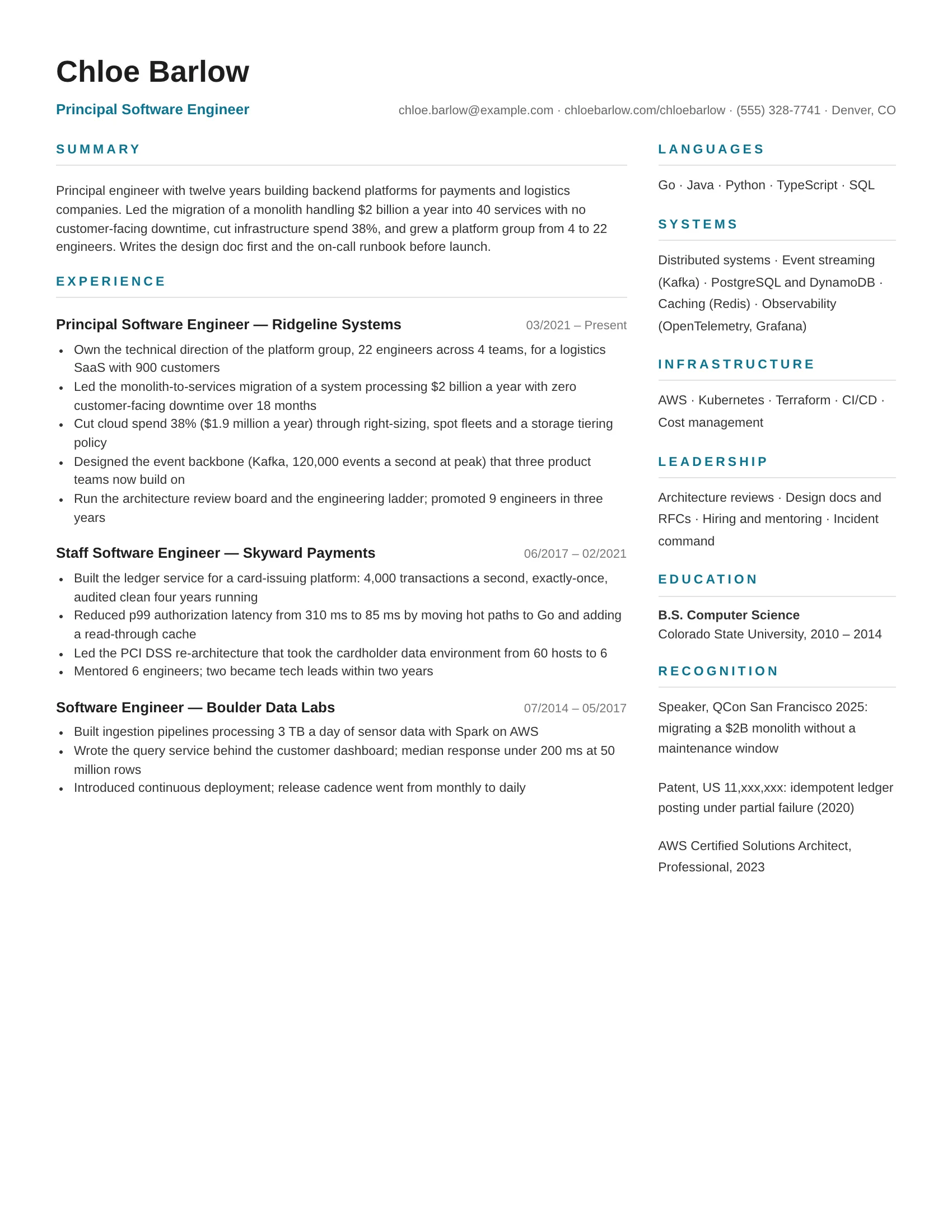 Software Engineer resume template preview
