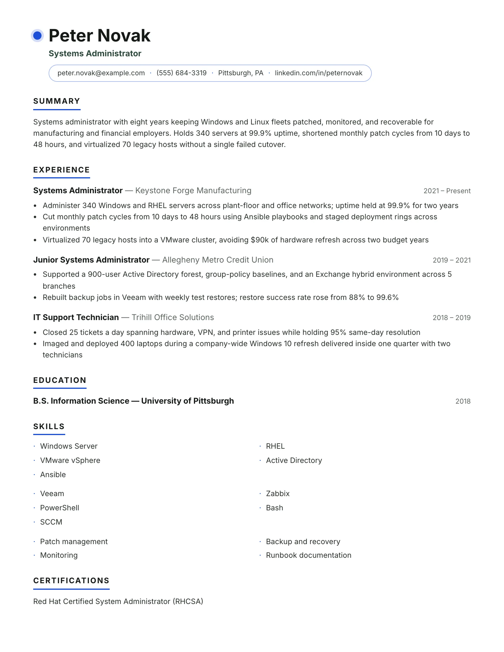 Systems Administrator · Signal resume template preview