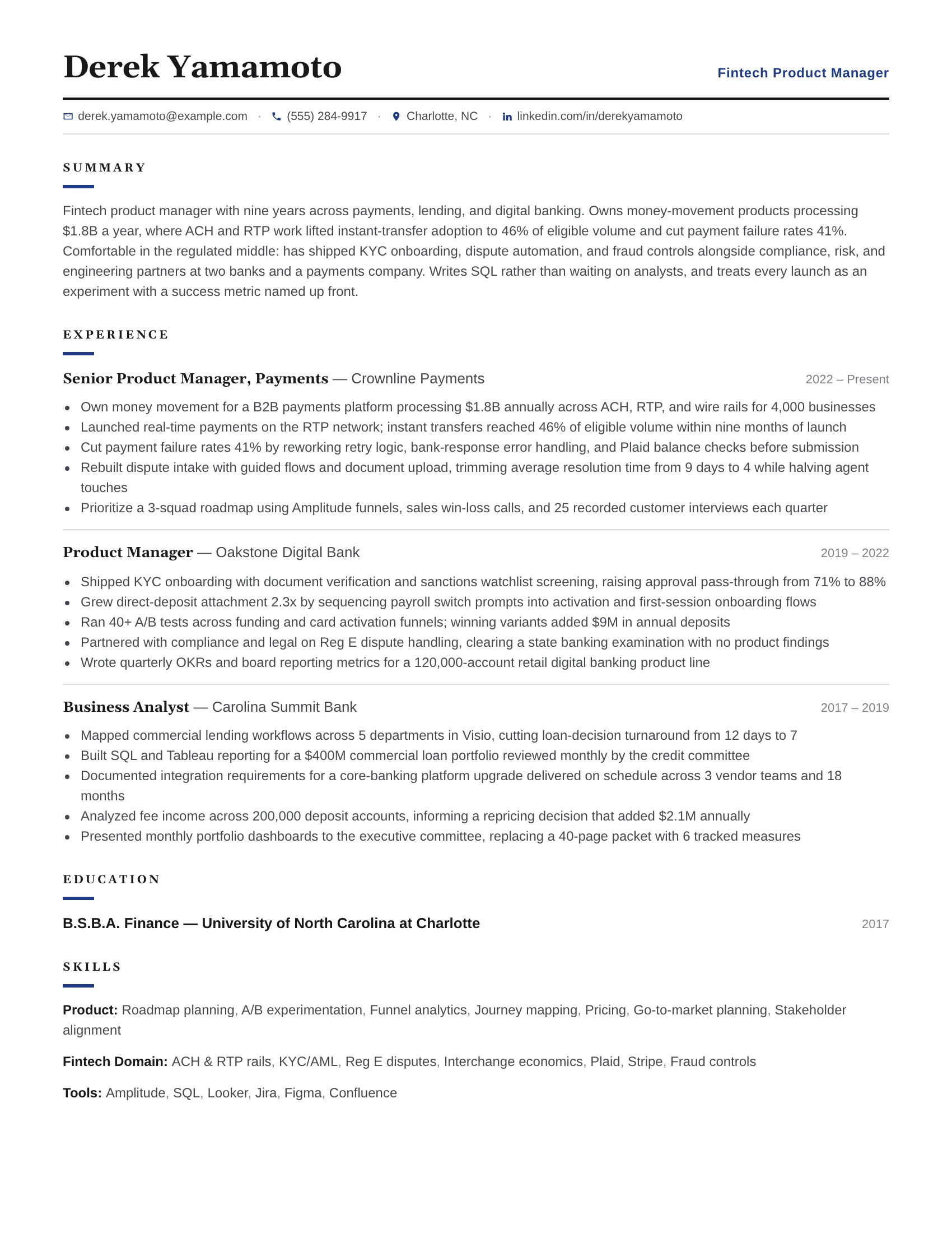 Fintech PM · Rowline resume template preview