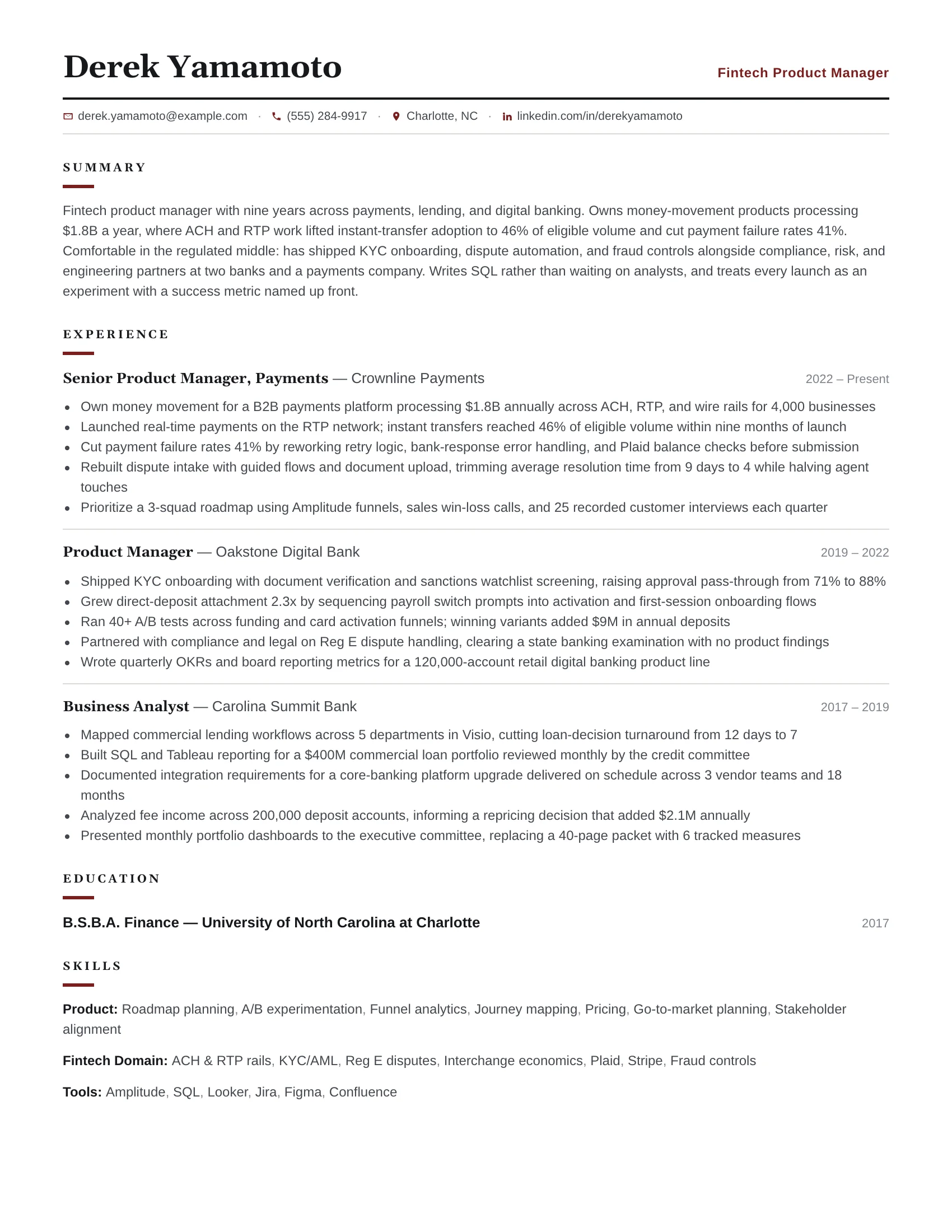 Fintech PM · Rowline (Red) resume template preview