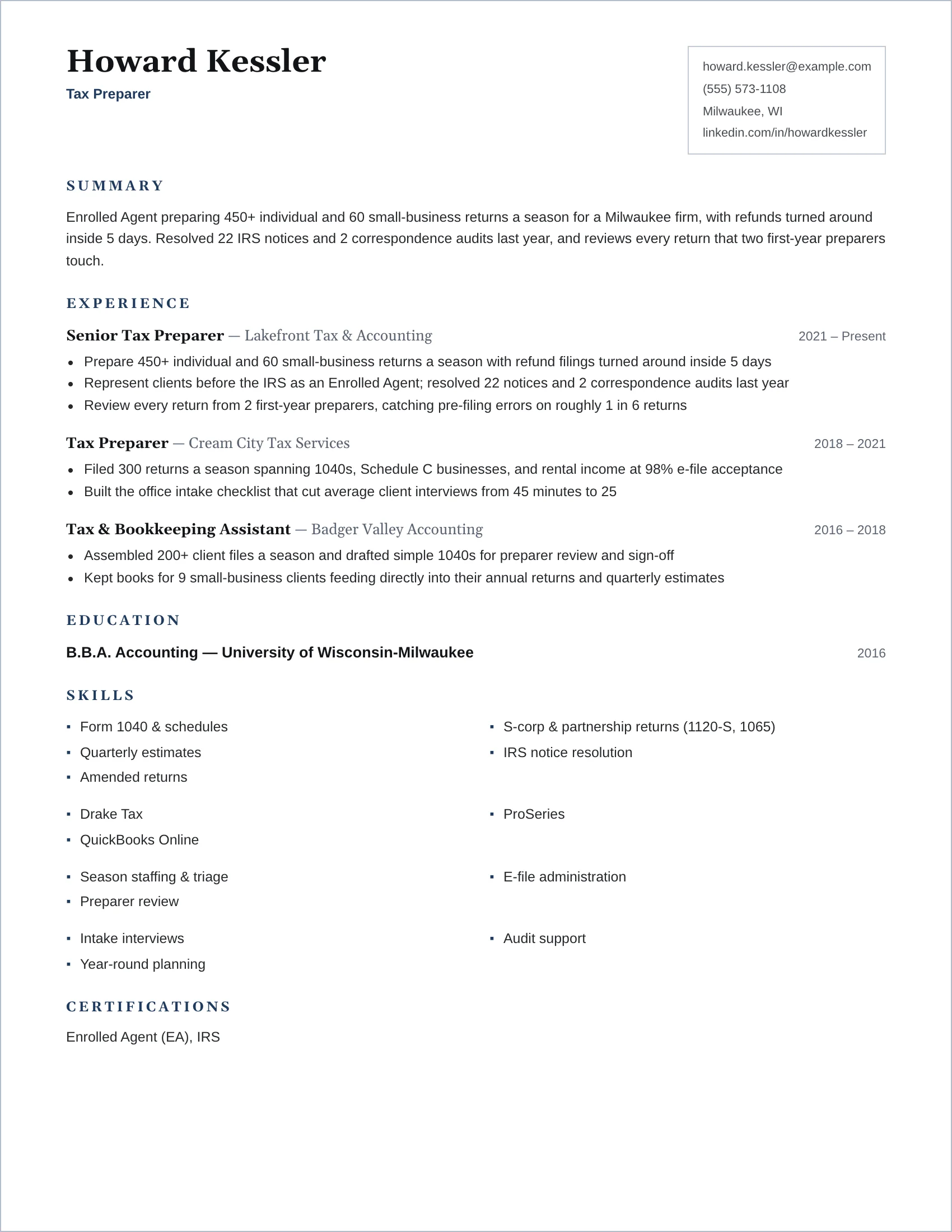 Tax Preparer · Frame resume template preview