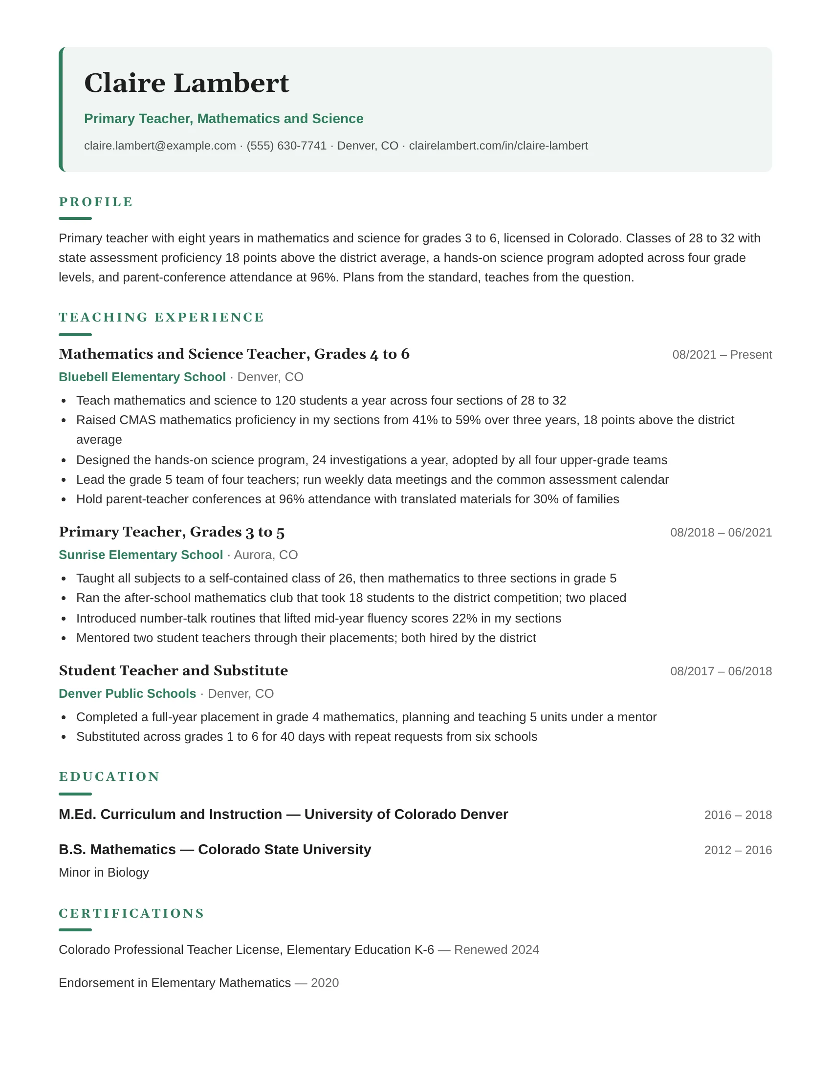 Teacher resume template preview