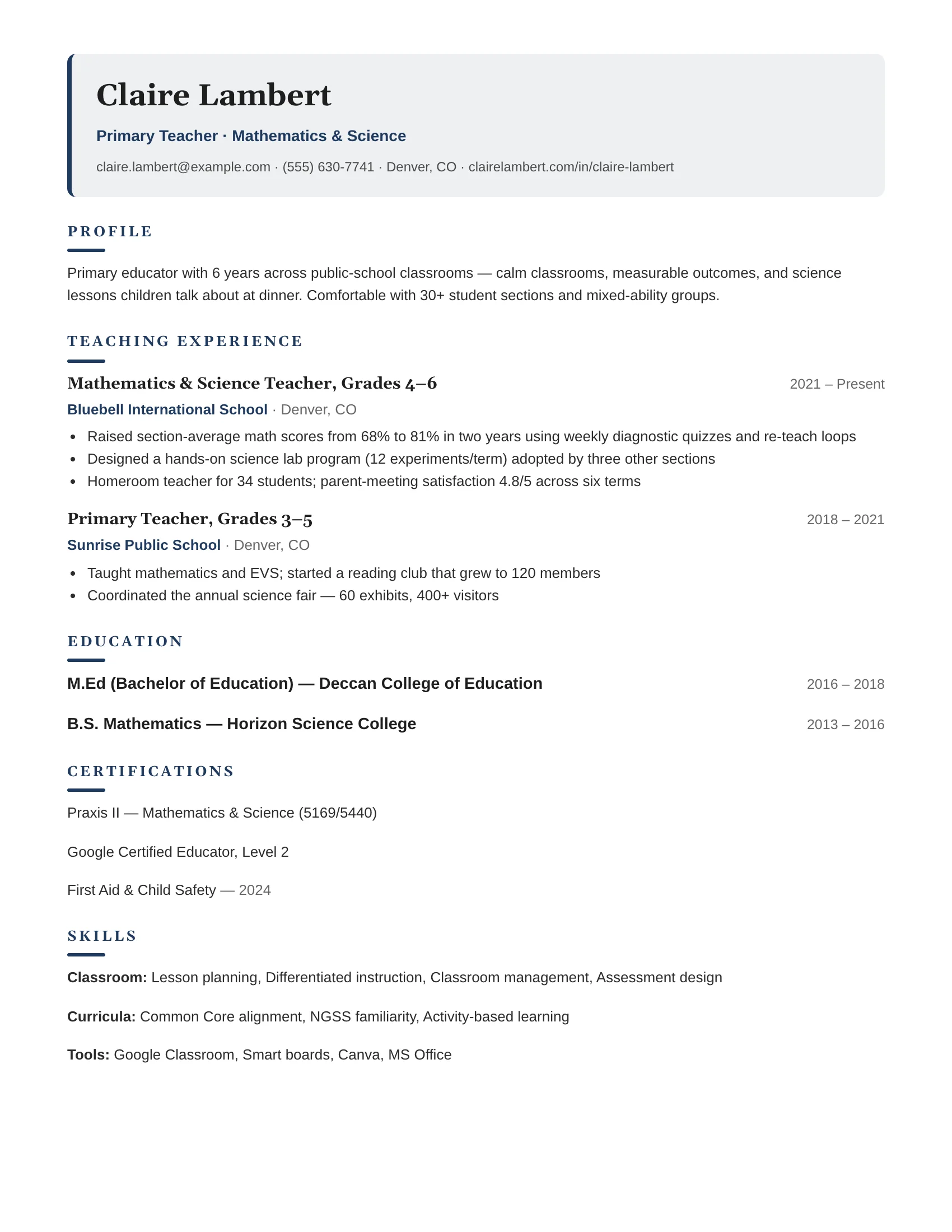 Teacher (Navy) resume template preview