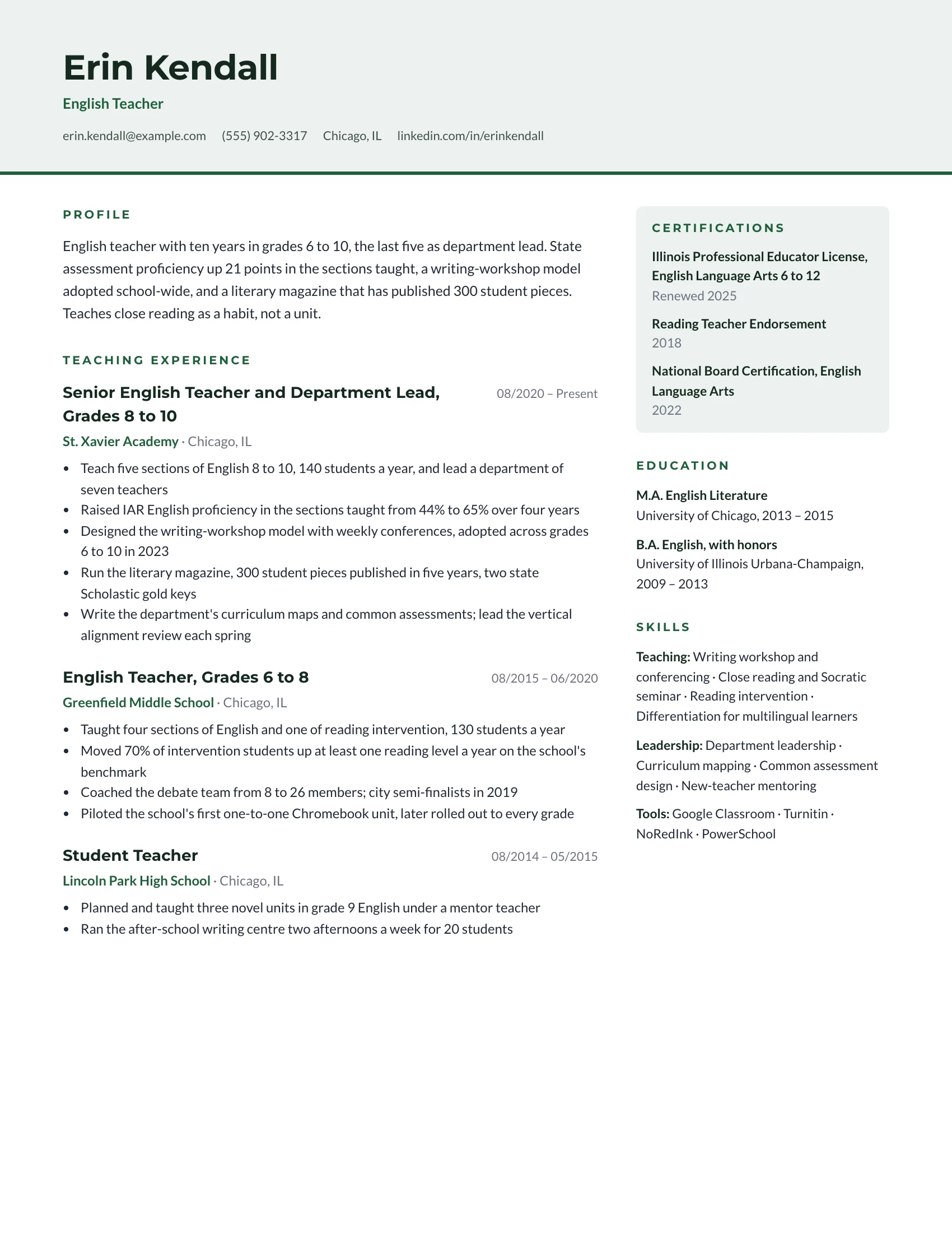 Teacher · Band resume template preview
