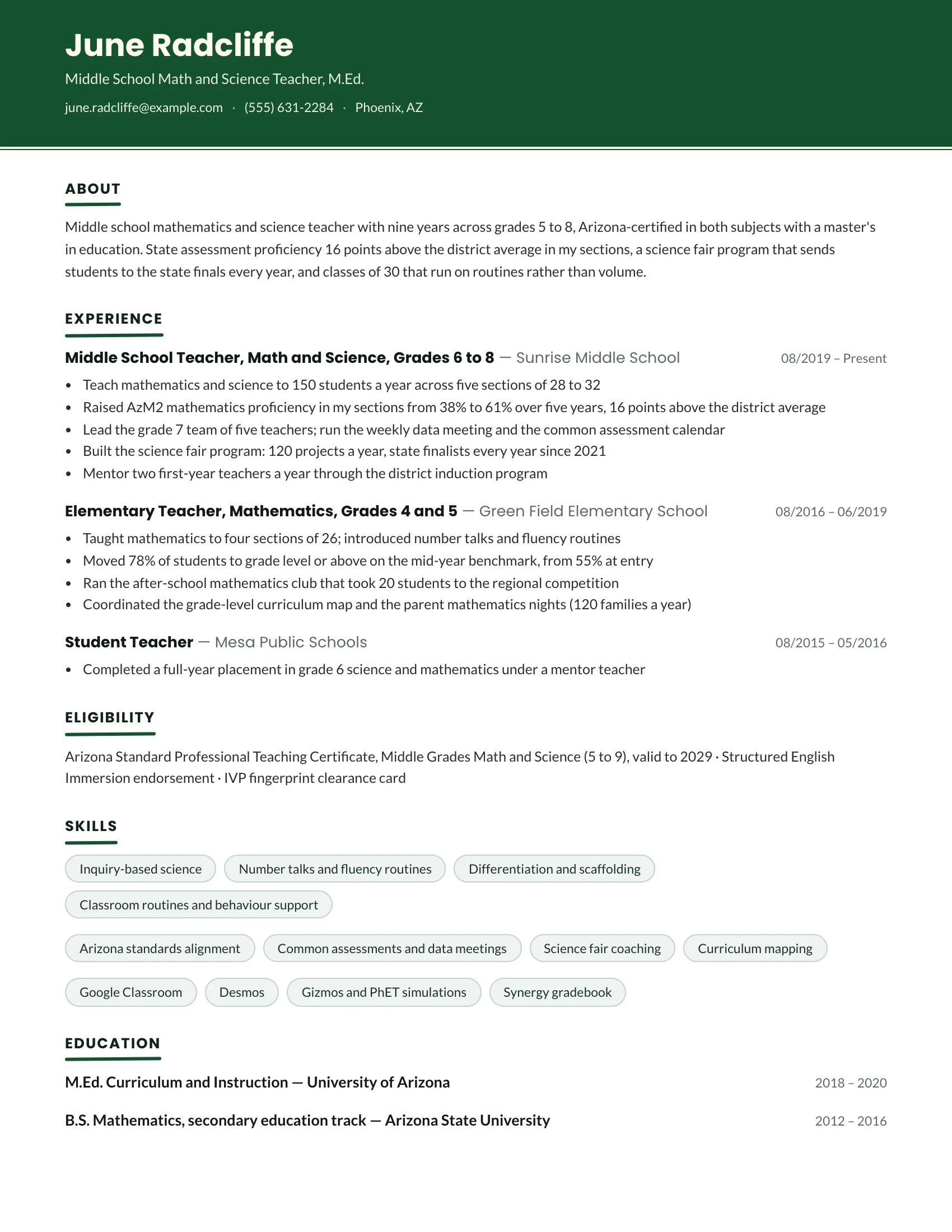 Teacher resume example — sample document