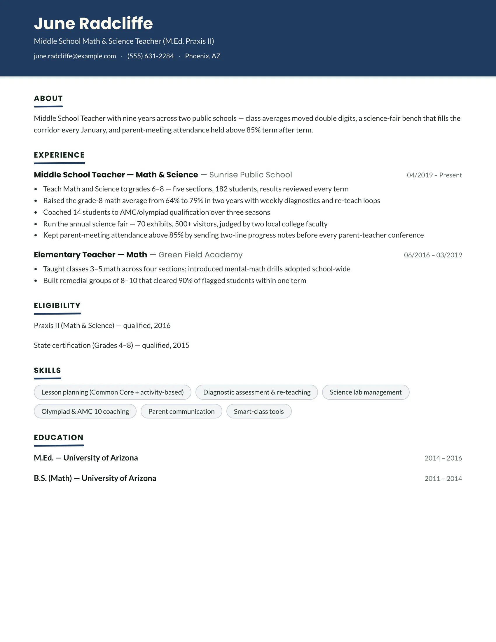 Teacher · Chalkline (Navy) resume template preview