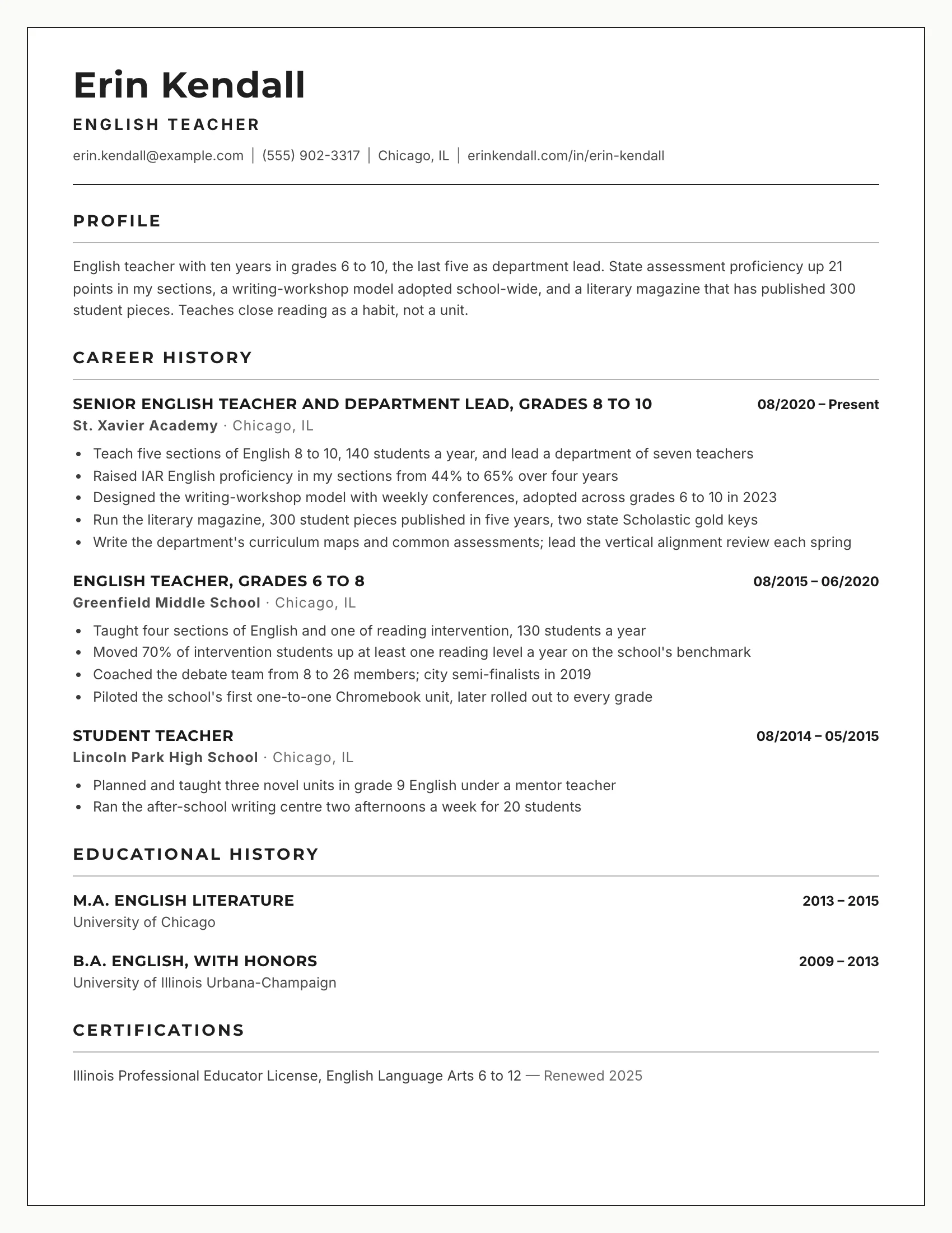 English teacher resume example — sample document