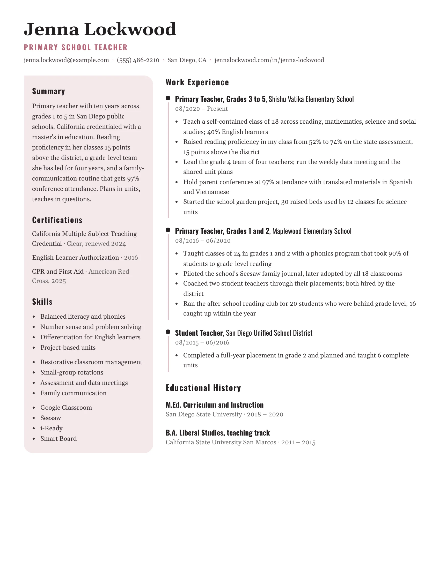 School Teacher · Rose resume template preview