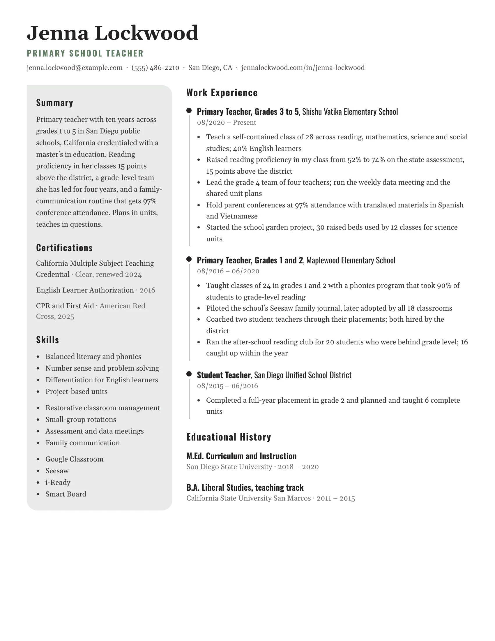 School Teacher · Rose (Green) resume template preview