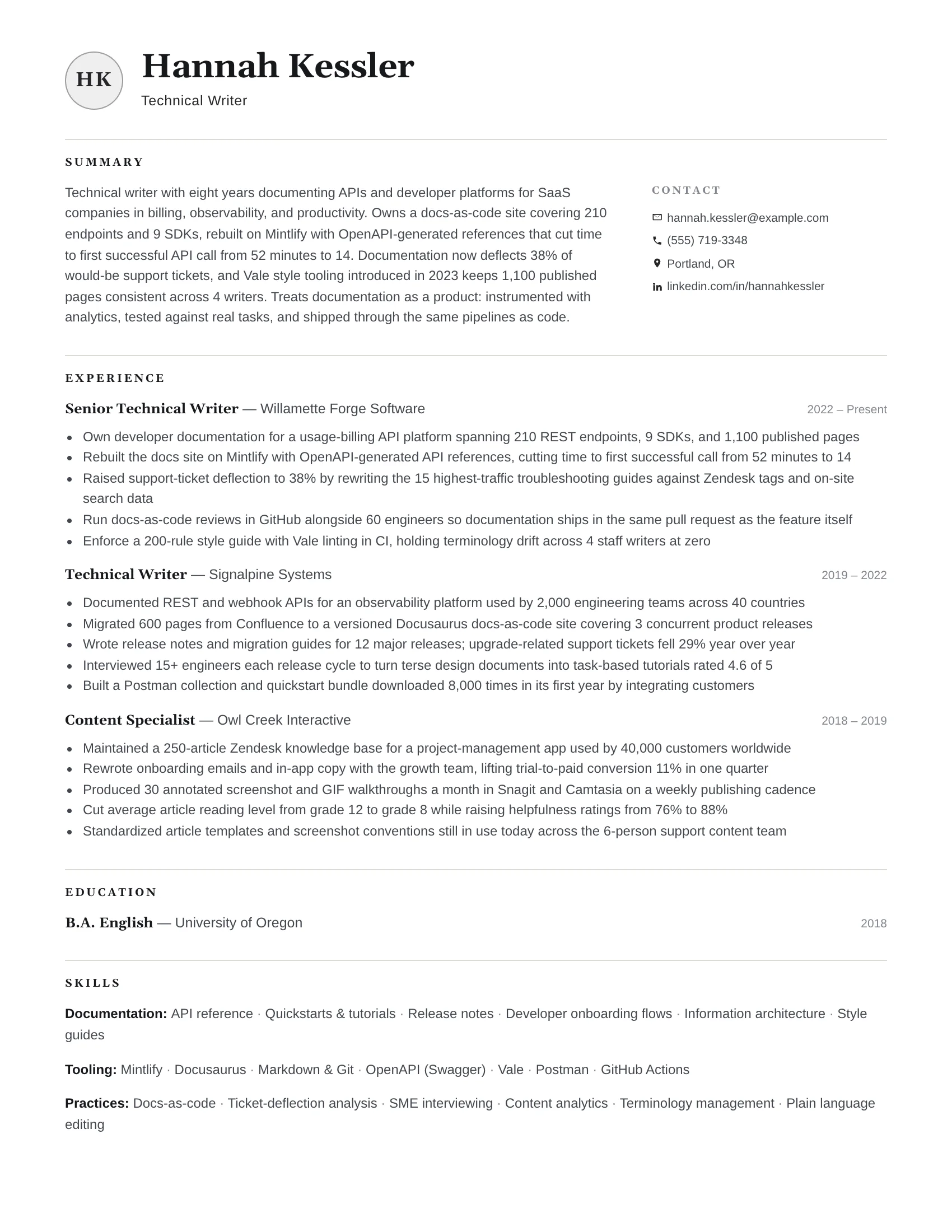Technical Writer · Hairline resume template preview